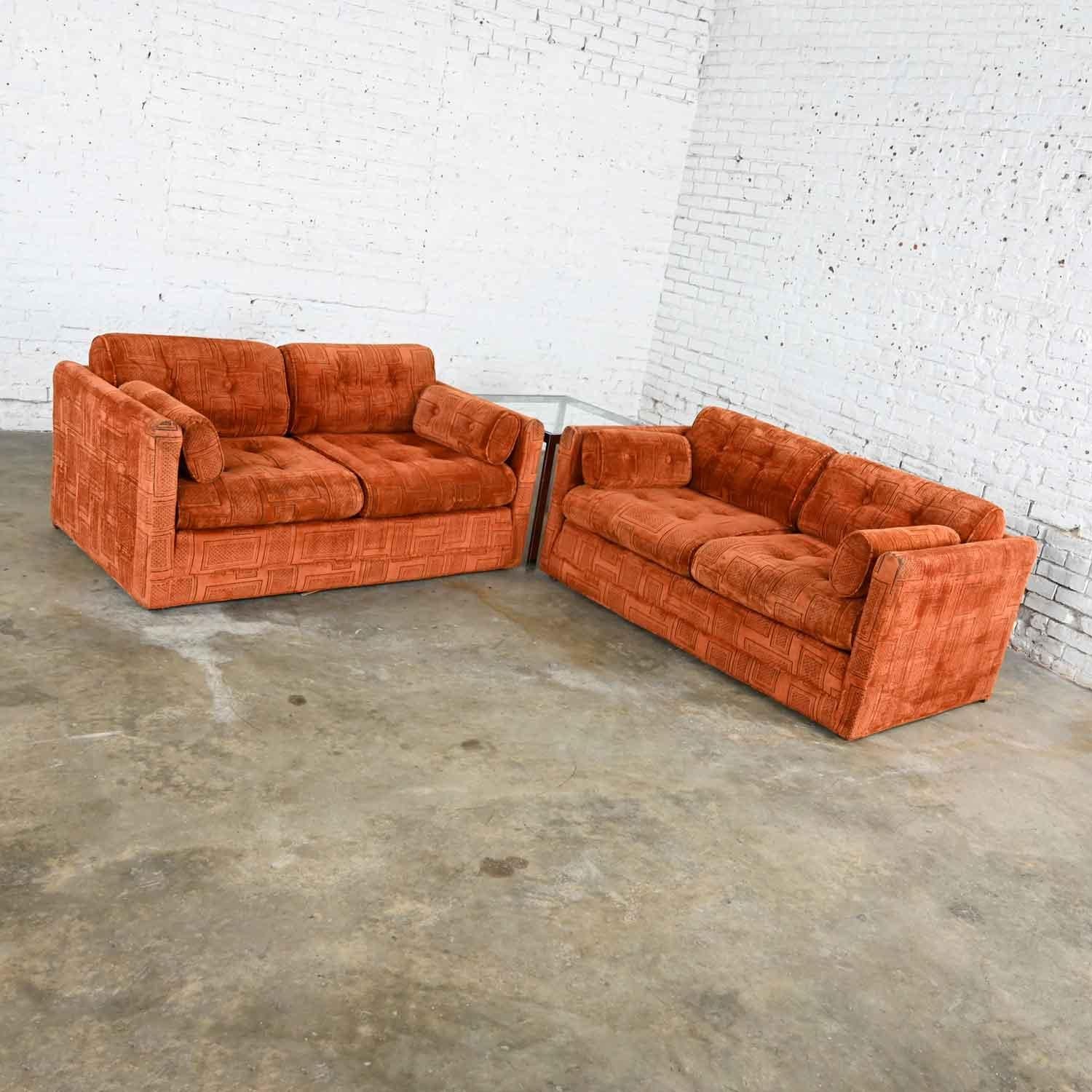 20th Century Vintage Modern Tuxedo Style Love Seats Rust Fabric by Pem-Kay Furniture a Pair