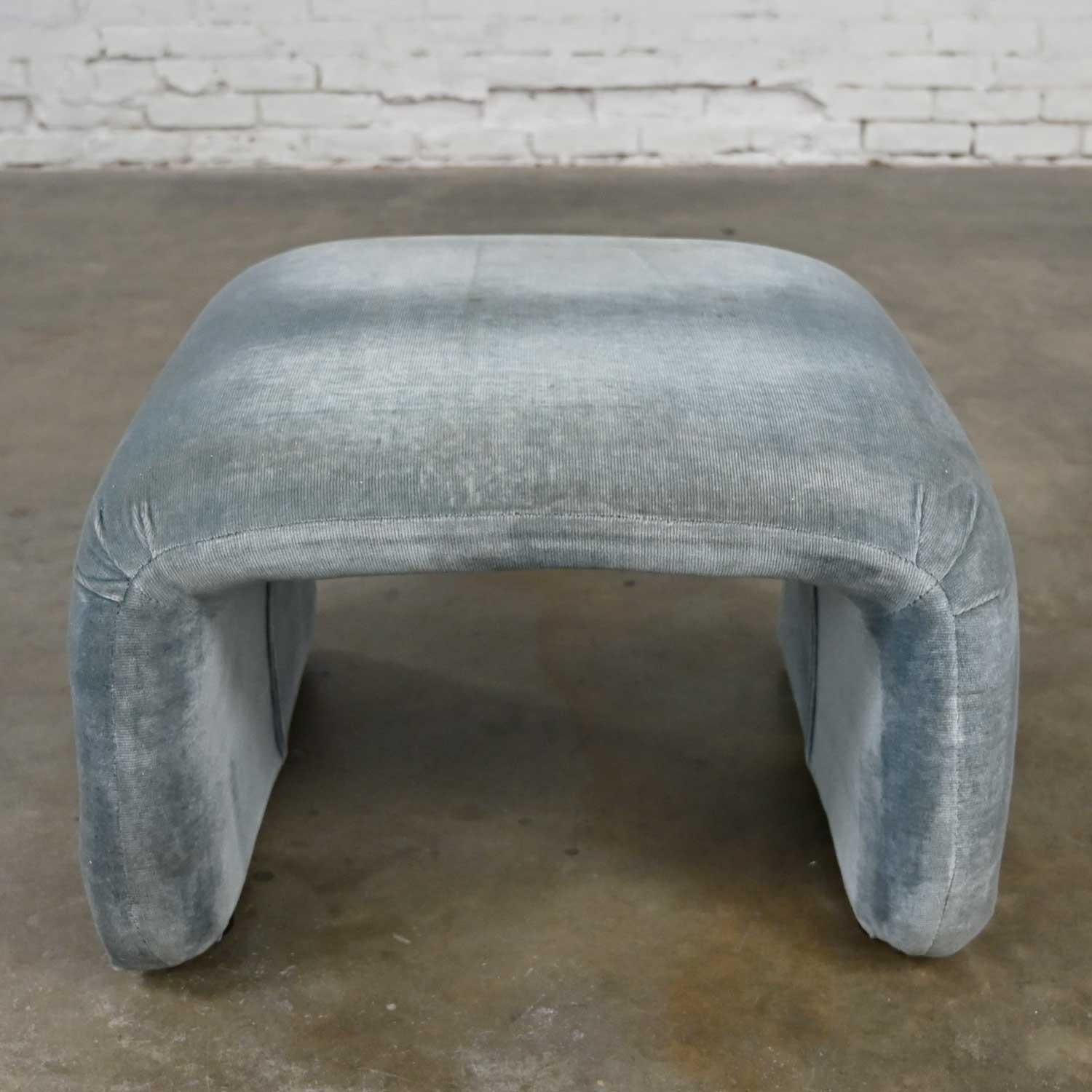 Vintage Modern U-Shaped Ottoman with Blue Velvet-Like Brushed Chenille Fabric 6