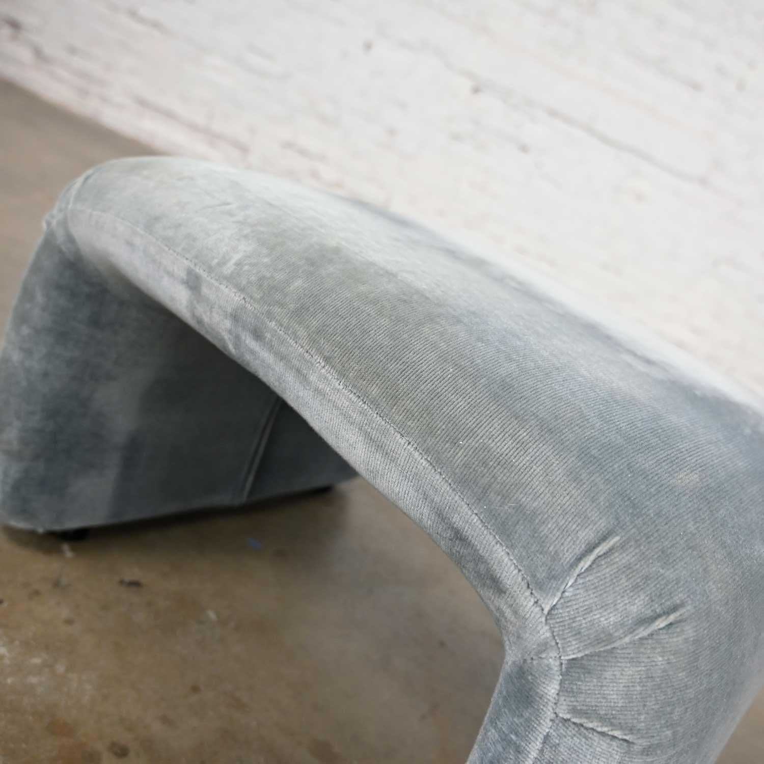 Unknown Vintage Modern U-Shaped Ottoman with Blue Velvet-Like Brushed Chenille Fabric