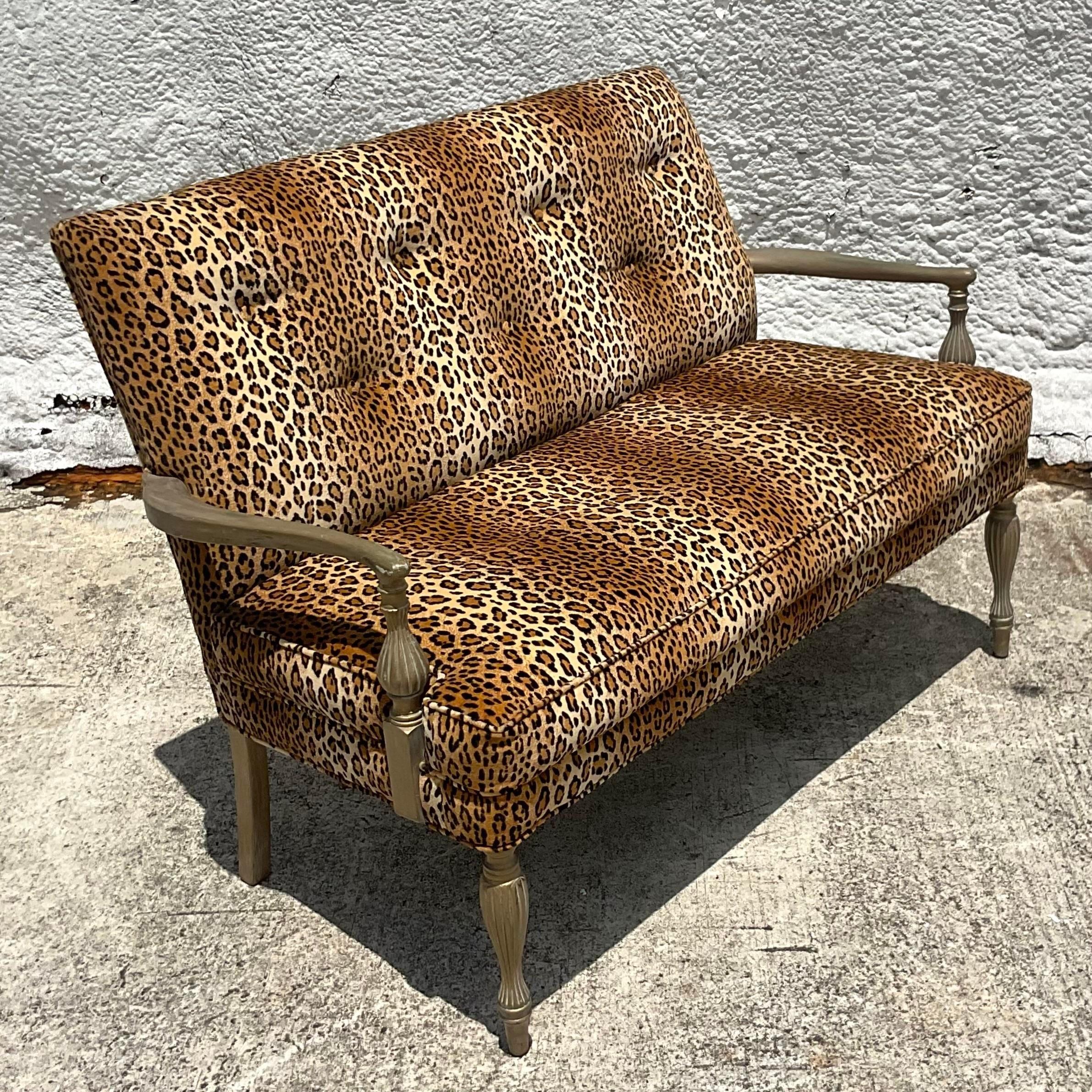 American Vintage Modern Upholstered Leopard Settee For Sale