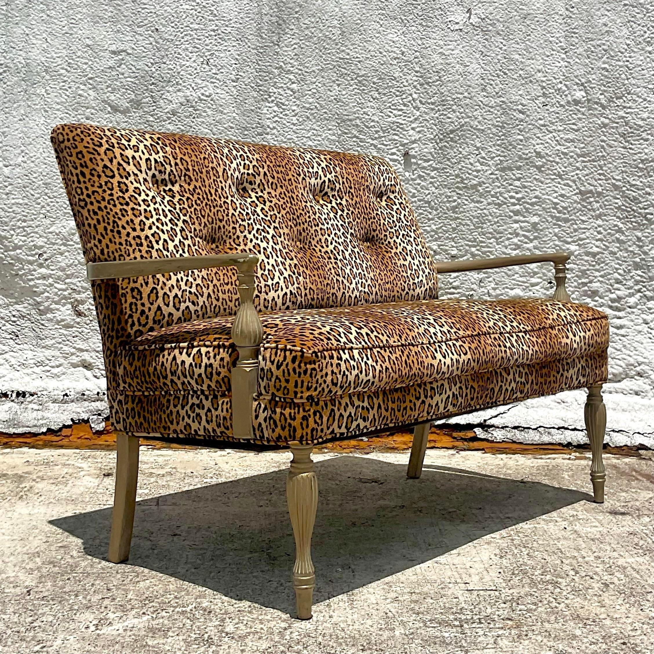 Vintage Modern Upholstered Leopard Settee In Good Condition For Sale In west palm beach, FL