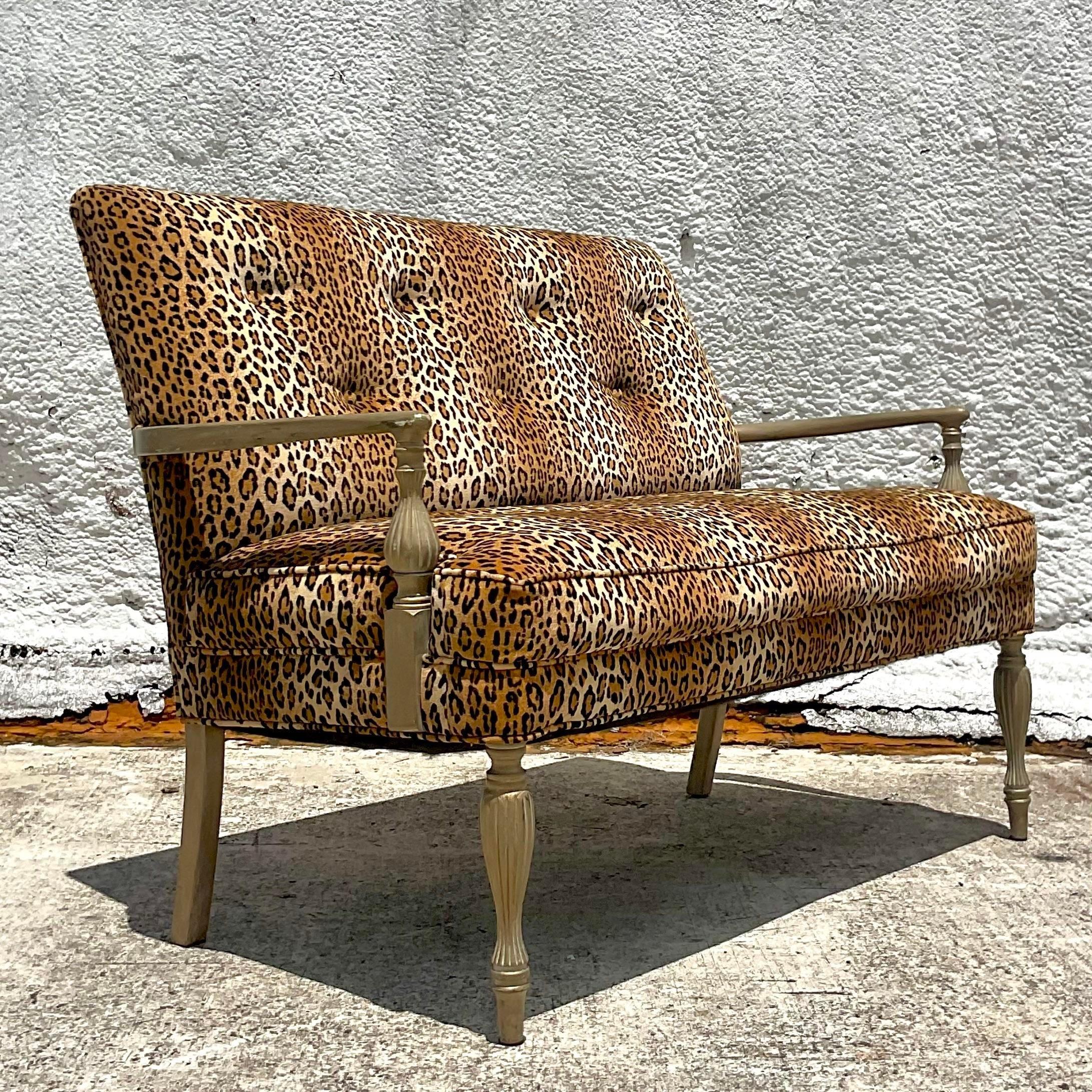 Upholstery Vintage Modern Upholstered Leopard Settee For Sale