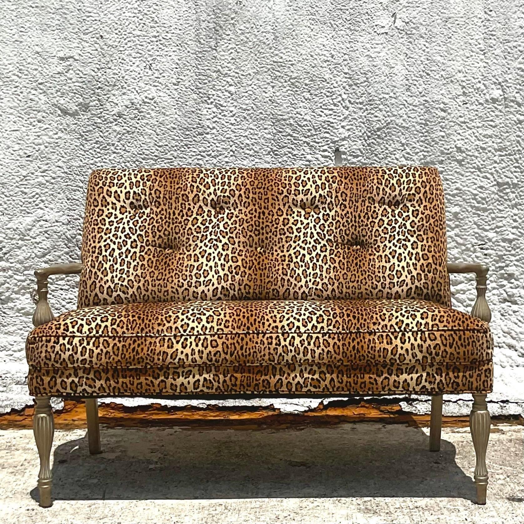 Vintage Modern Upholstered Leopard Settee For Sale 1