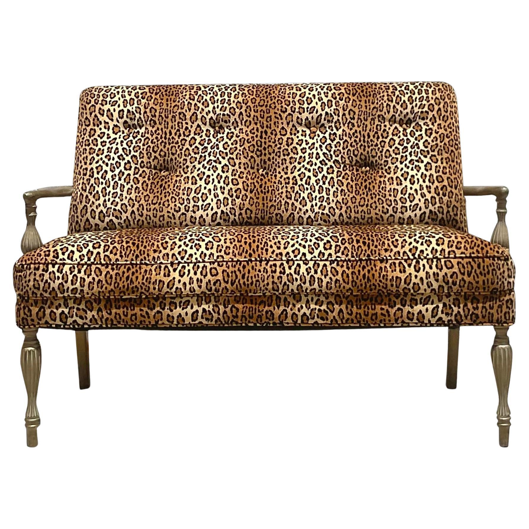 Vintage Modern Upholstered Leopard Settee For Sale