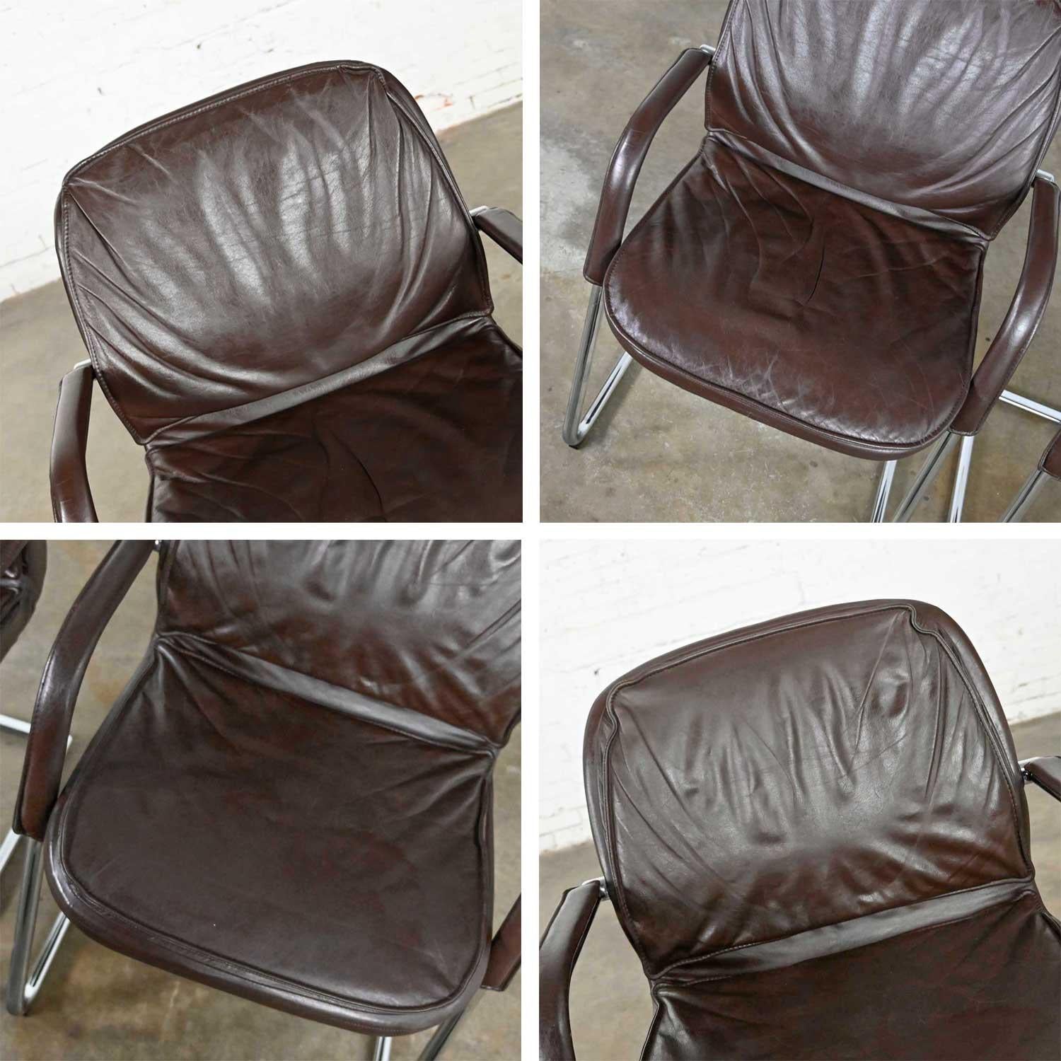 Vintage Modern Vecta Contract Brown Leather & Chrome Cantilever Pair of Chairs For Sale 6