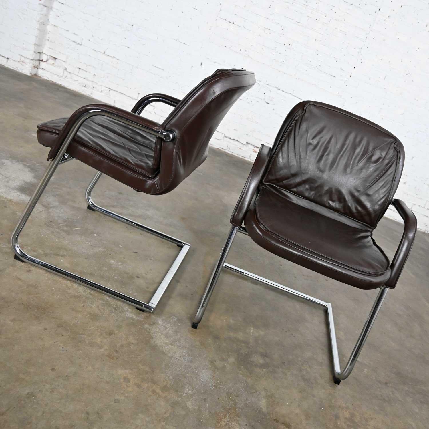 Vintage Modern Vecta Contract Brown Leather & Chrome Cantilever Pair of Chairs In Good Condition For Sale In Topeka, KS