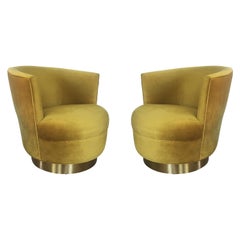 Vintage Modern Velvet and Brass Swivel Club Chairs, Pair