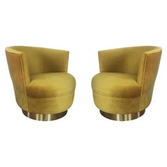 Retro Modern Velvet and Brass Swivel Club Chairs, Pair