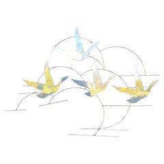 Vintage Modern Wall Art Mirror Flying Seagulls on Brass in Curtis Jere Style
