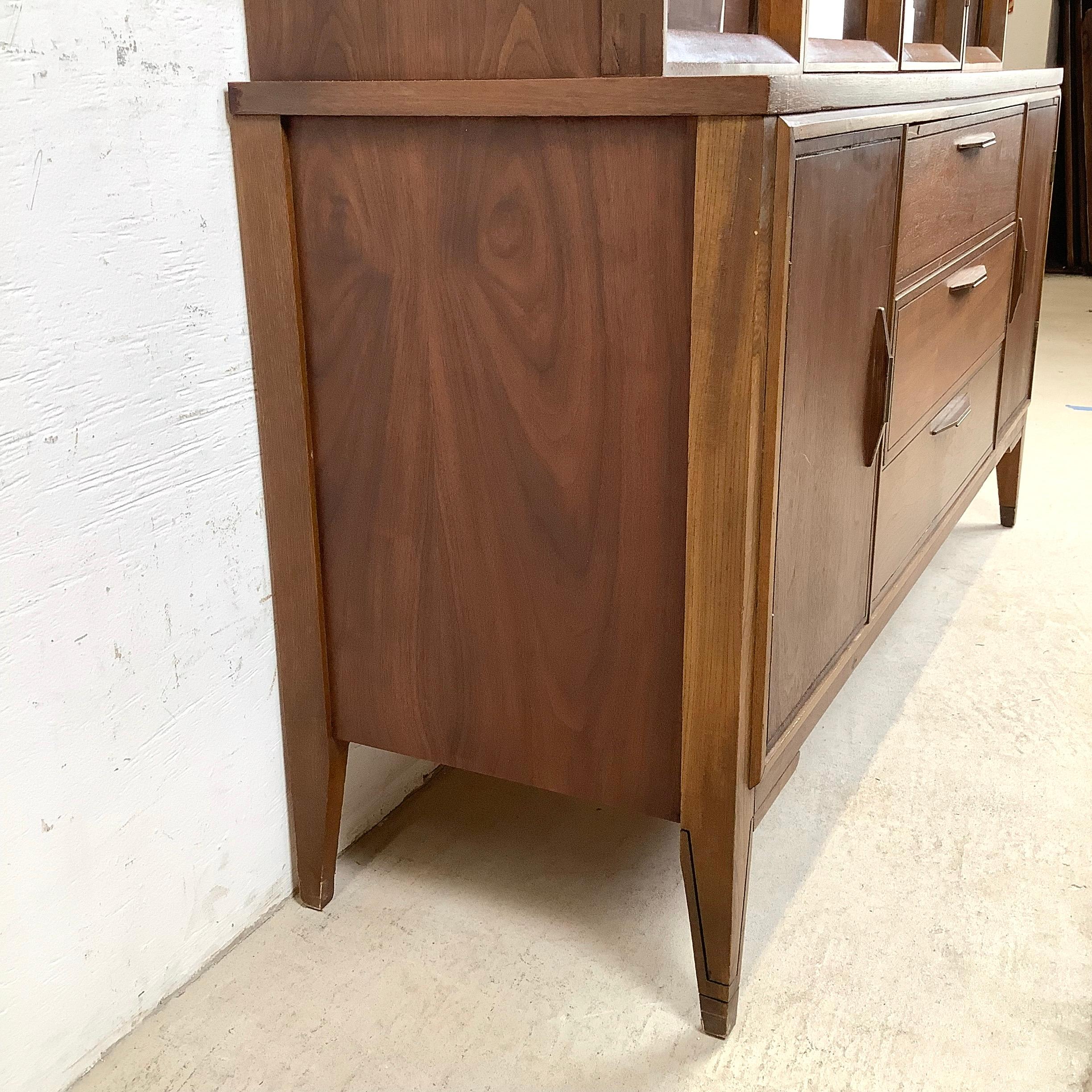 Vintage Modern Walnut Breakfront With Shelved Display Top For Sale 5
