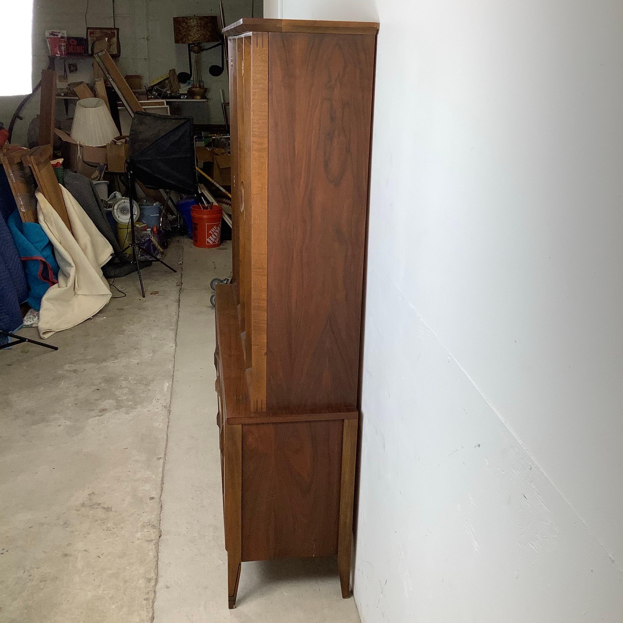 Vintage Modern Walnut Breakfront With Shelved Display Top For Sale 6