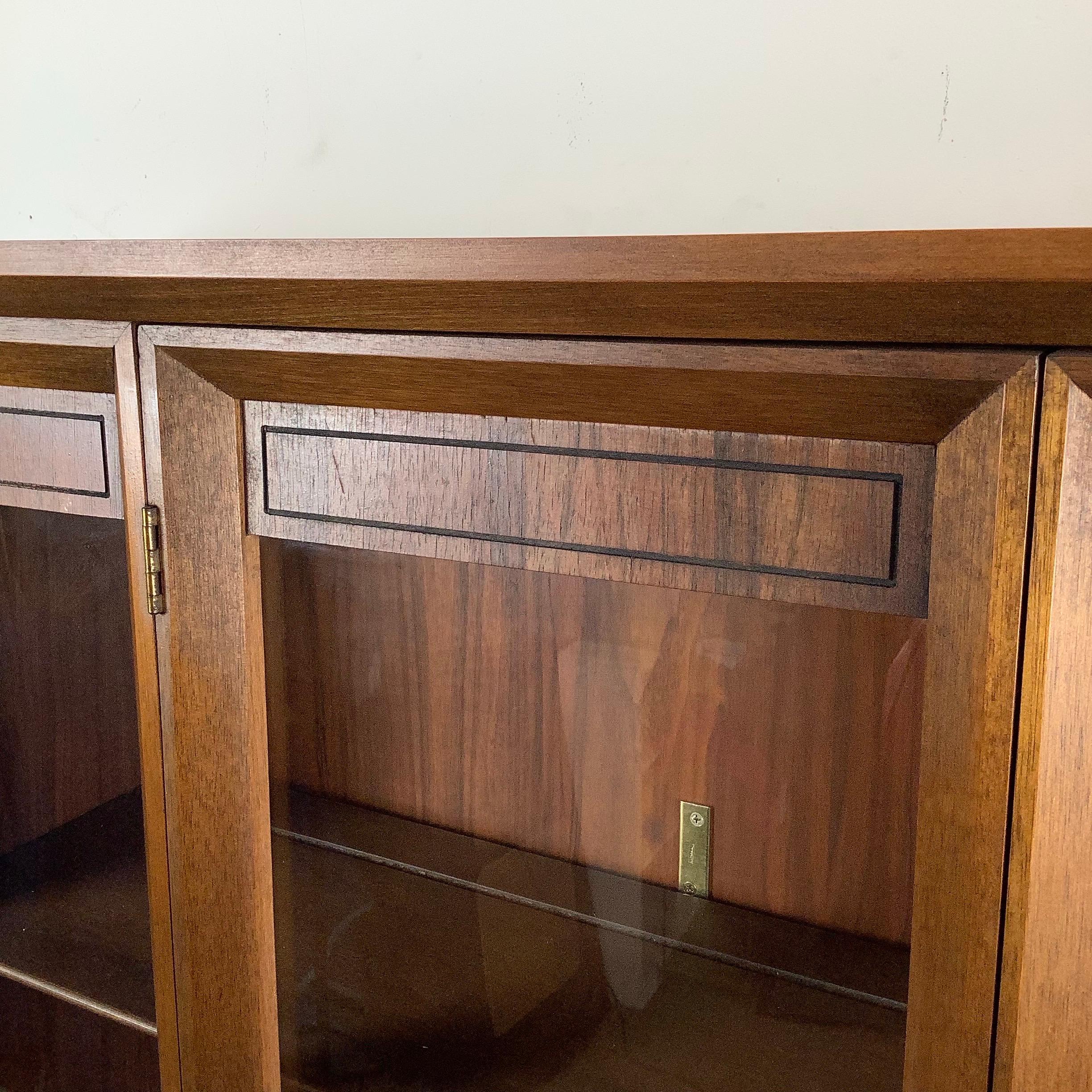 Vintage Modern Walnut Breakfront With Shelved Display Top For Sale 12