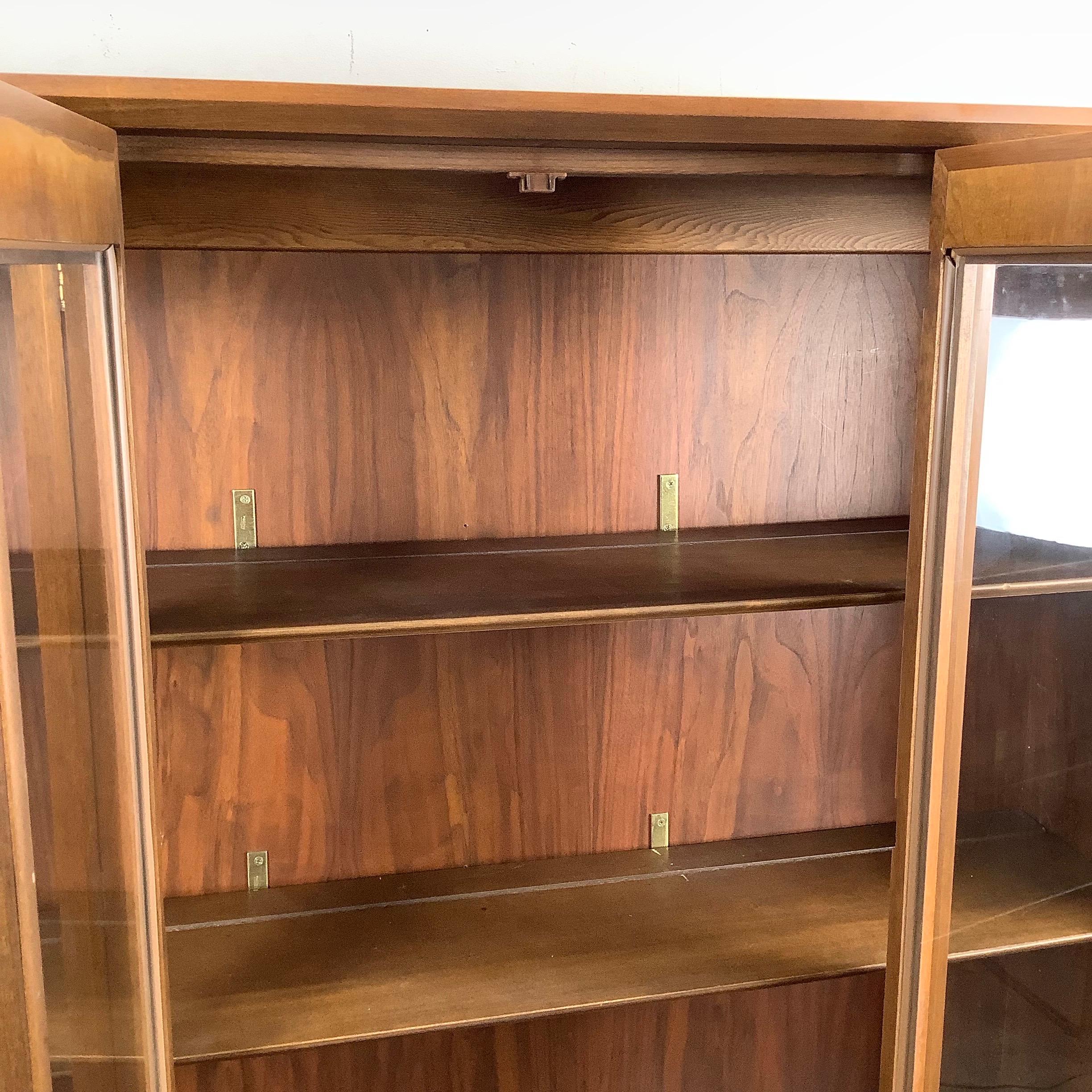Vintage Modern Walnut Breakfront With Shelved Display Top For Sale 13