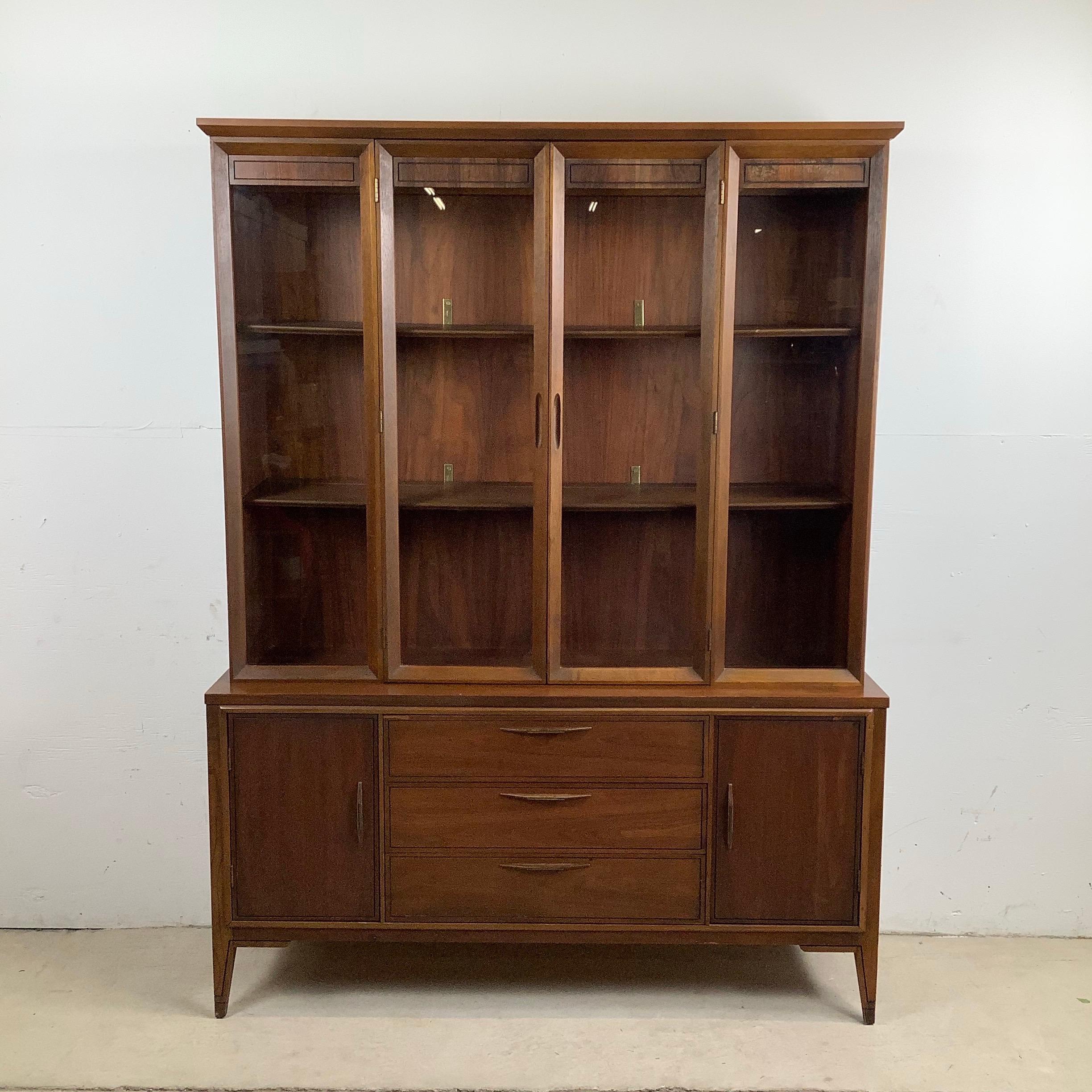 Mid-Century Modern Vintage Modern Walnut Breakfront With Shelved Display Top For Sale