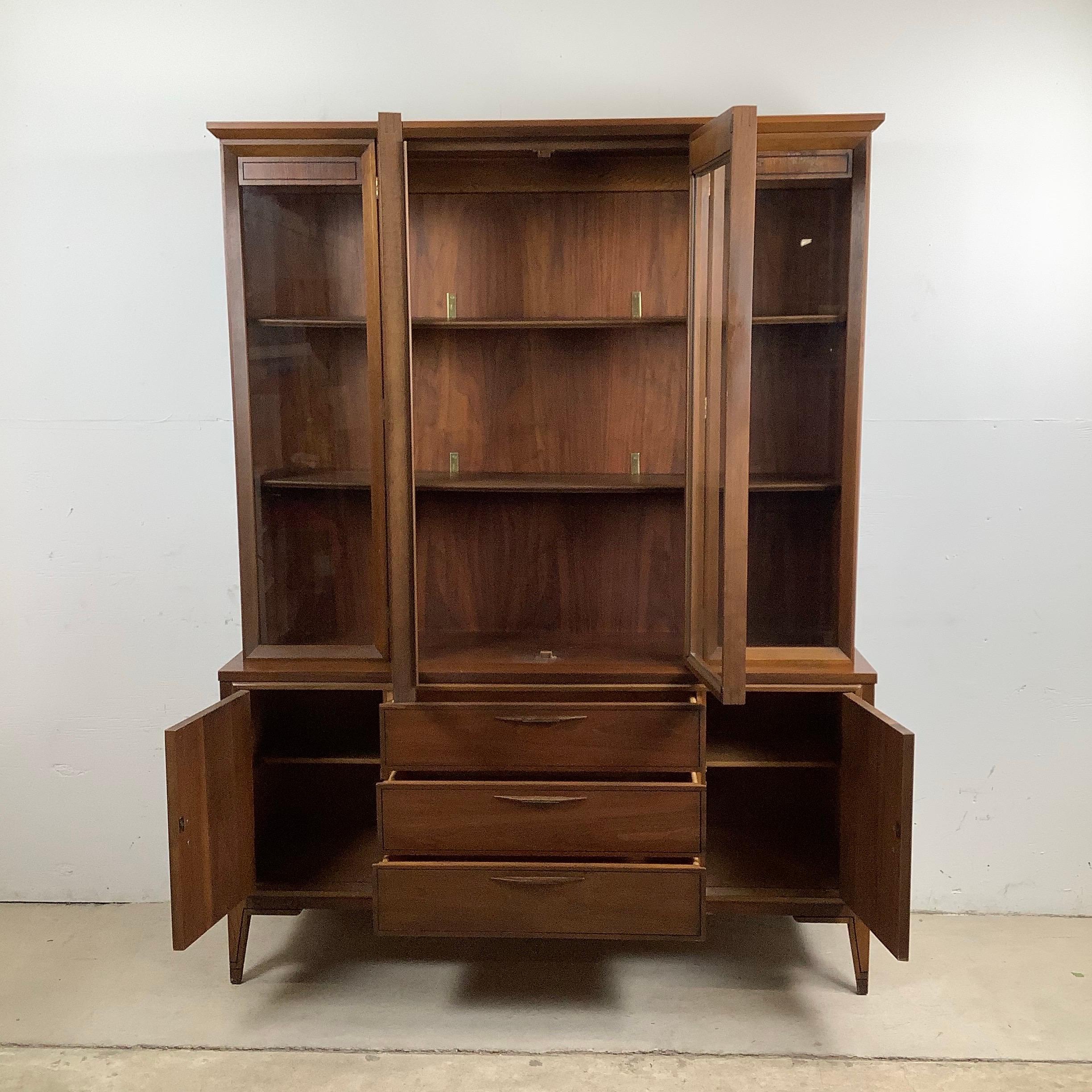 20th Century Vintage Modern Walnut Breakfront With Shelved Display Top For Sale