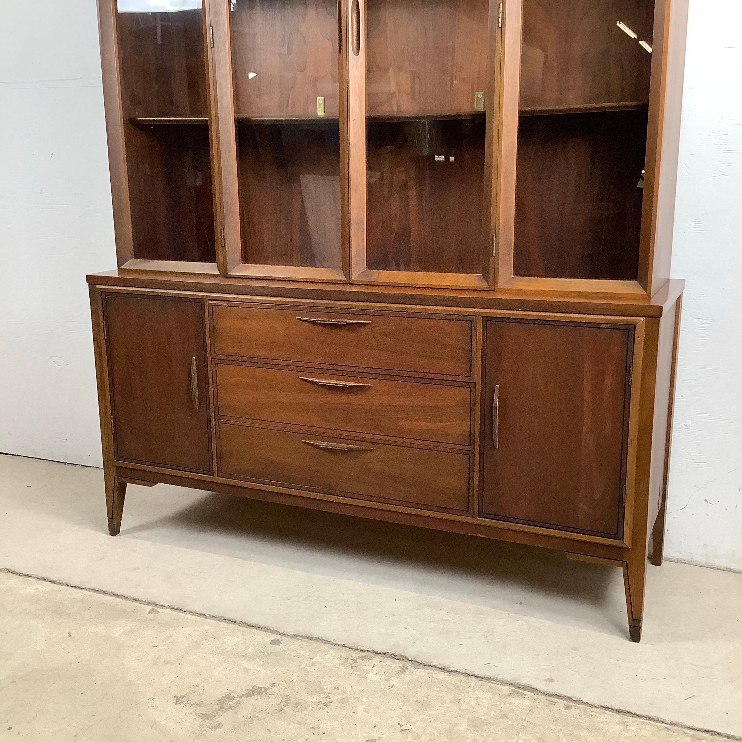 Glass Vintage Modern Walnut Breakfront With Shelved Display Top For Sale