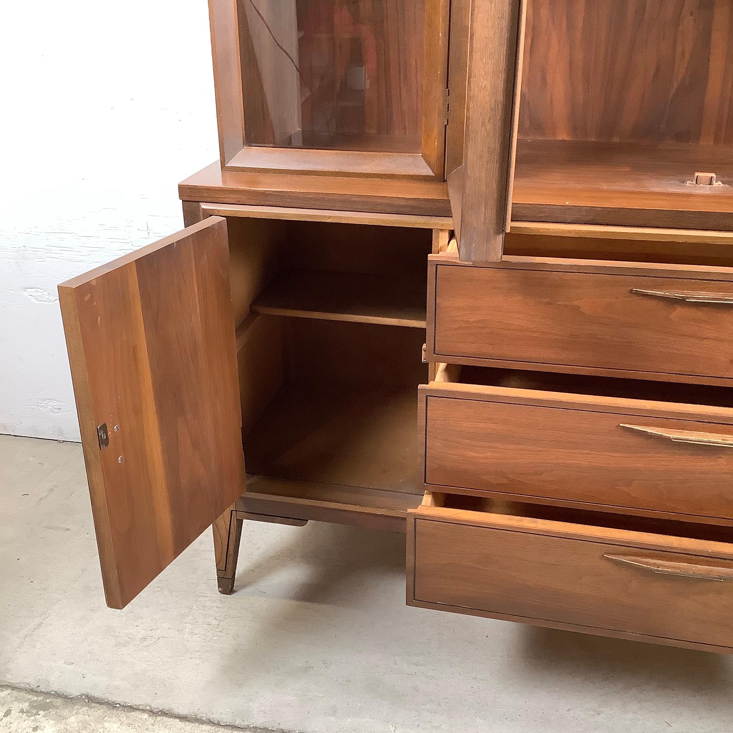 Vintage Modern Walnut Breakfront With Shelved Display Top For Sale 1