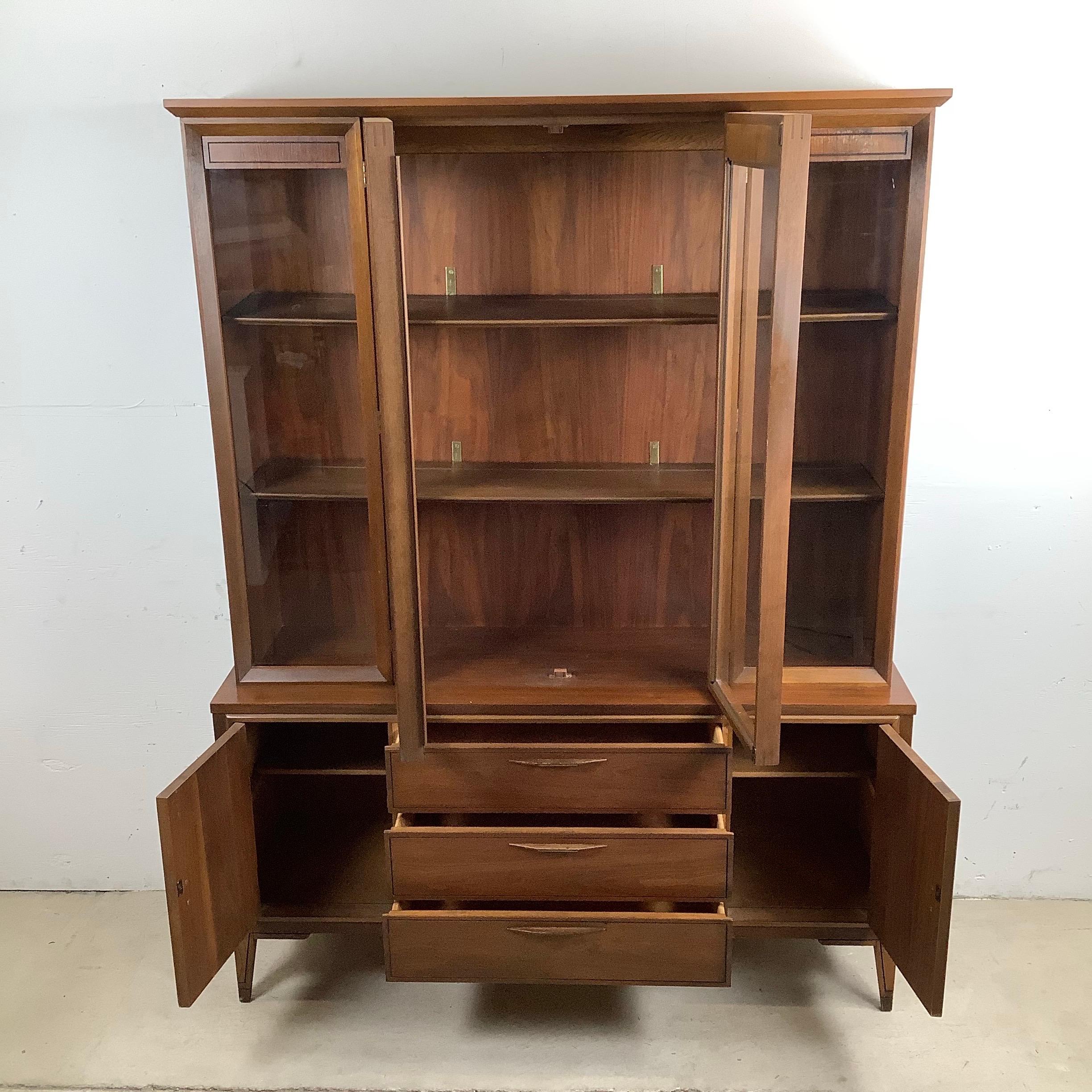 Vintage Modern Walnut Breakfront With Shelved Display Top For Sale 2