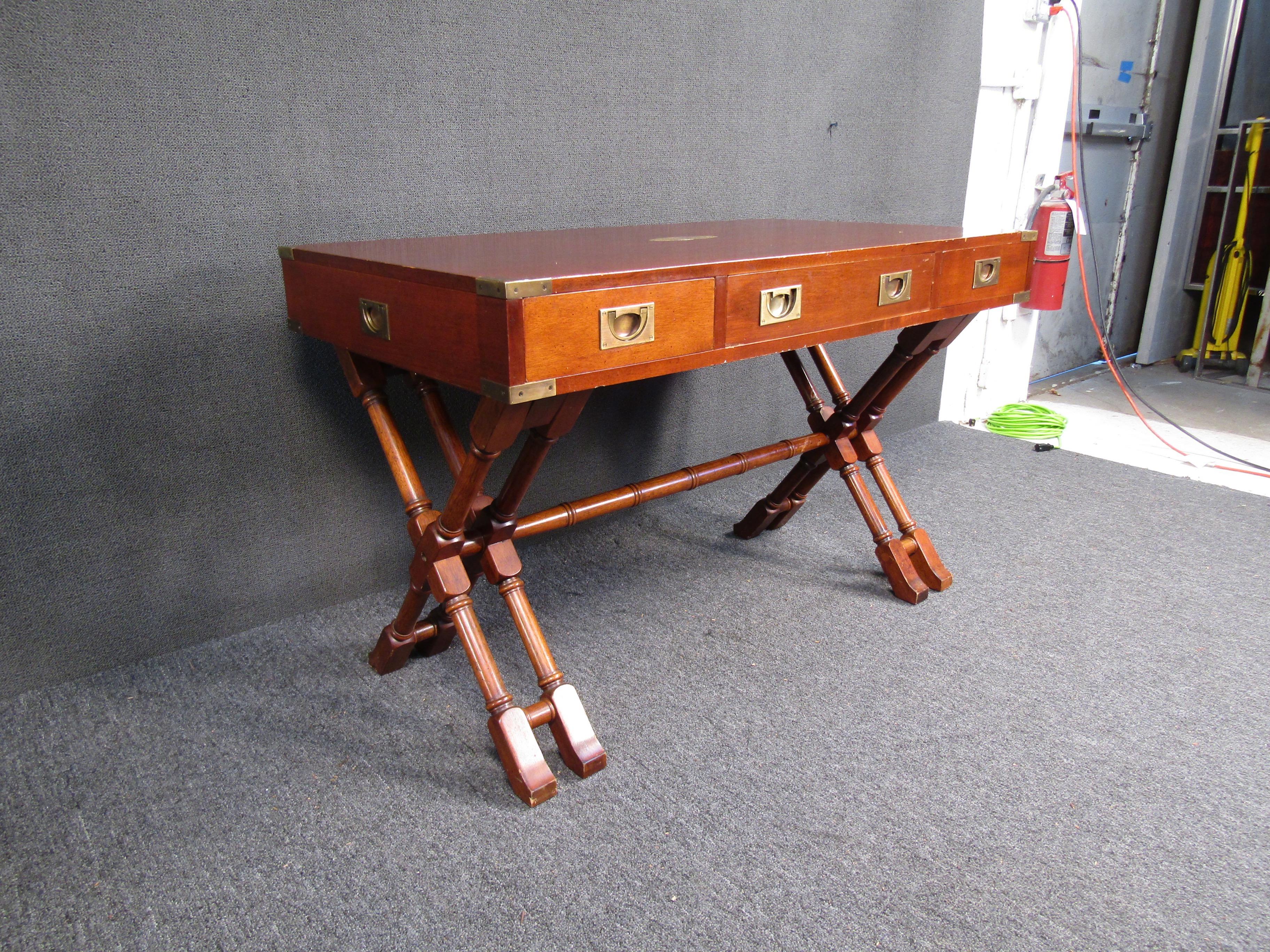 Mid-20th Century Vintage Modern Walnut Campaign Desk with Brass Accents