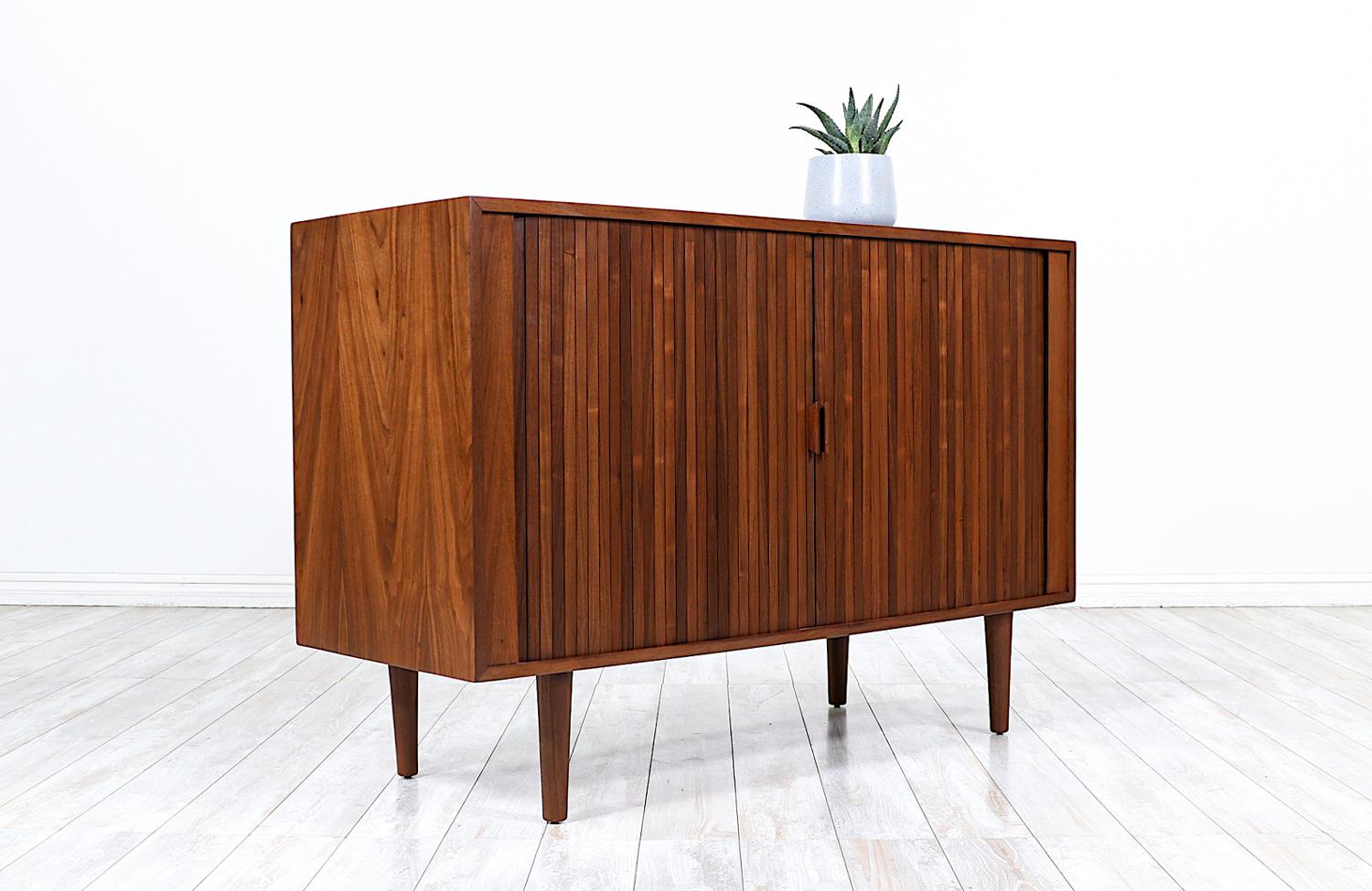 American Vintage Modern Walnut Tambour-Door Credenza