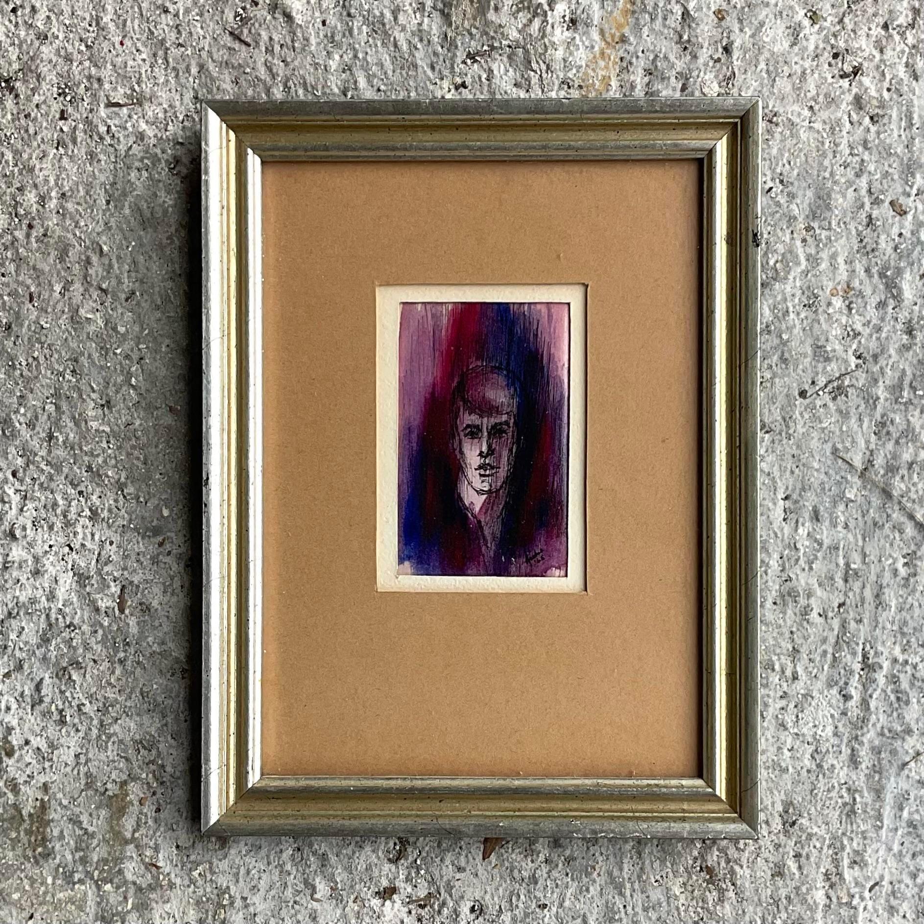 Un favoloso dipinto originale MCM su carta. Una composizione chic ad acquerello dai colori intensi e ricchi. Un lavaggio colorato su un ritratto di un giovane uomo. Firmato dall'artista. Acquistato da una proprietà di Palm Beach. 