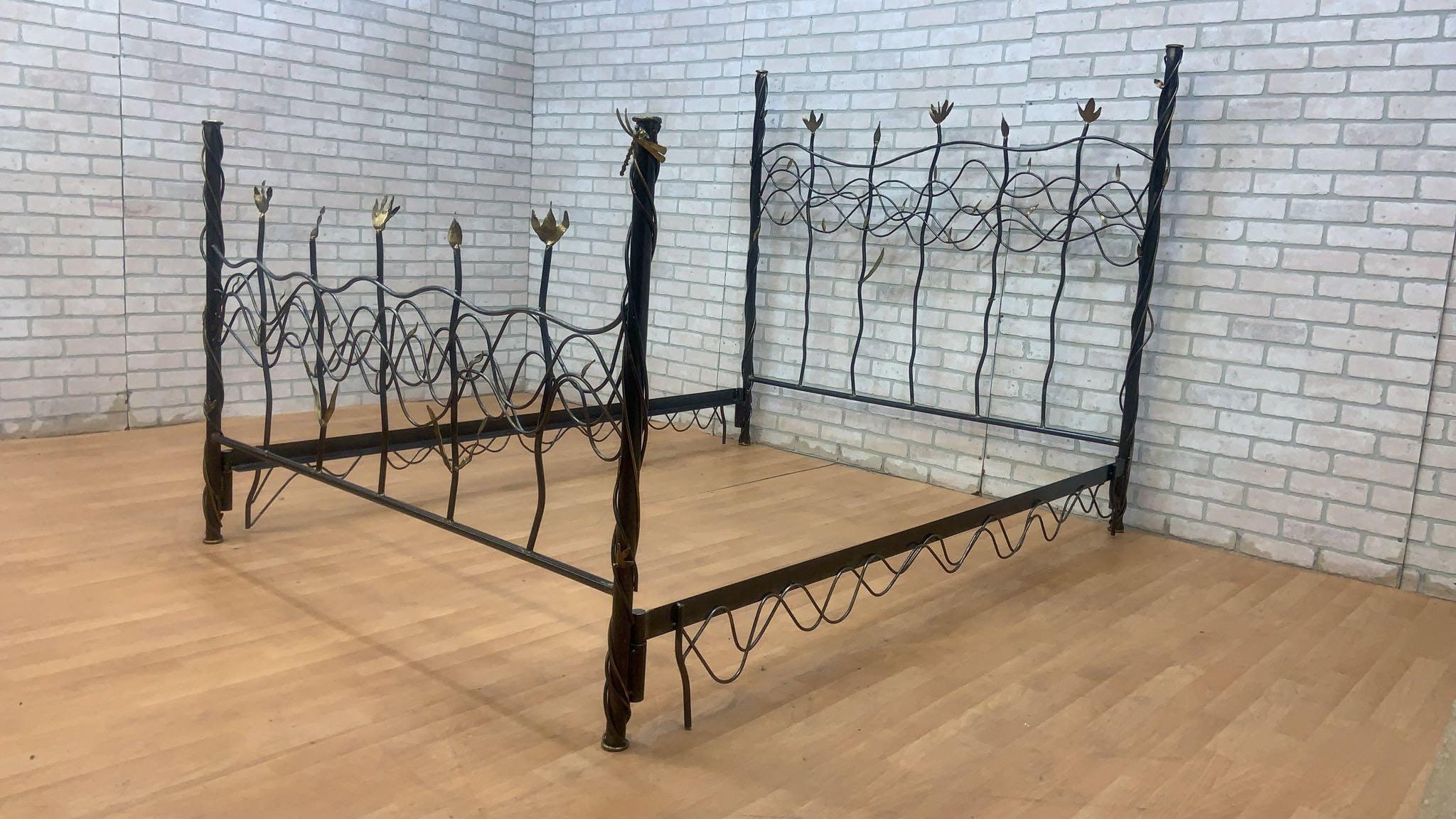 Vintage Modern Whimsical Hand Forged Steel & Brass Queen Bed Frame 3
