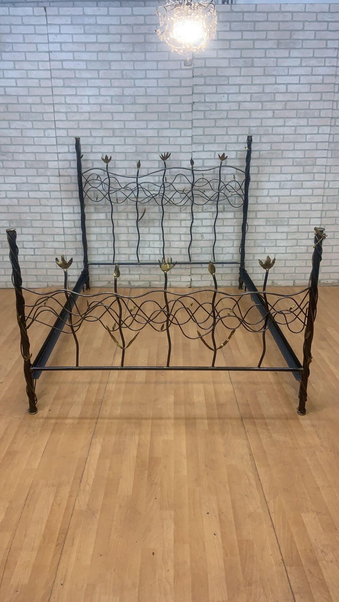 Vintage Modern Whimsical Hand Forged Steel & Brass Queen Bed Frame

Gorgeous hand forged Whimsical Steel & Brass Queen Bed Frame. This Frame Consists of a Headboard, Footboard and Side Rails. This Piece is Made of Hand Forged Steel & Brass