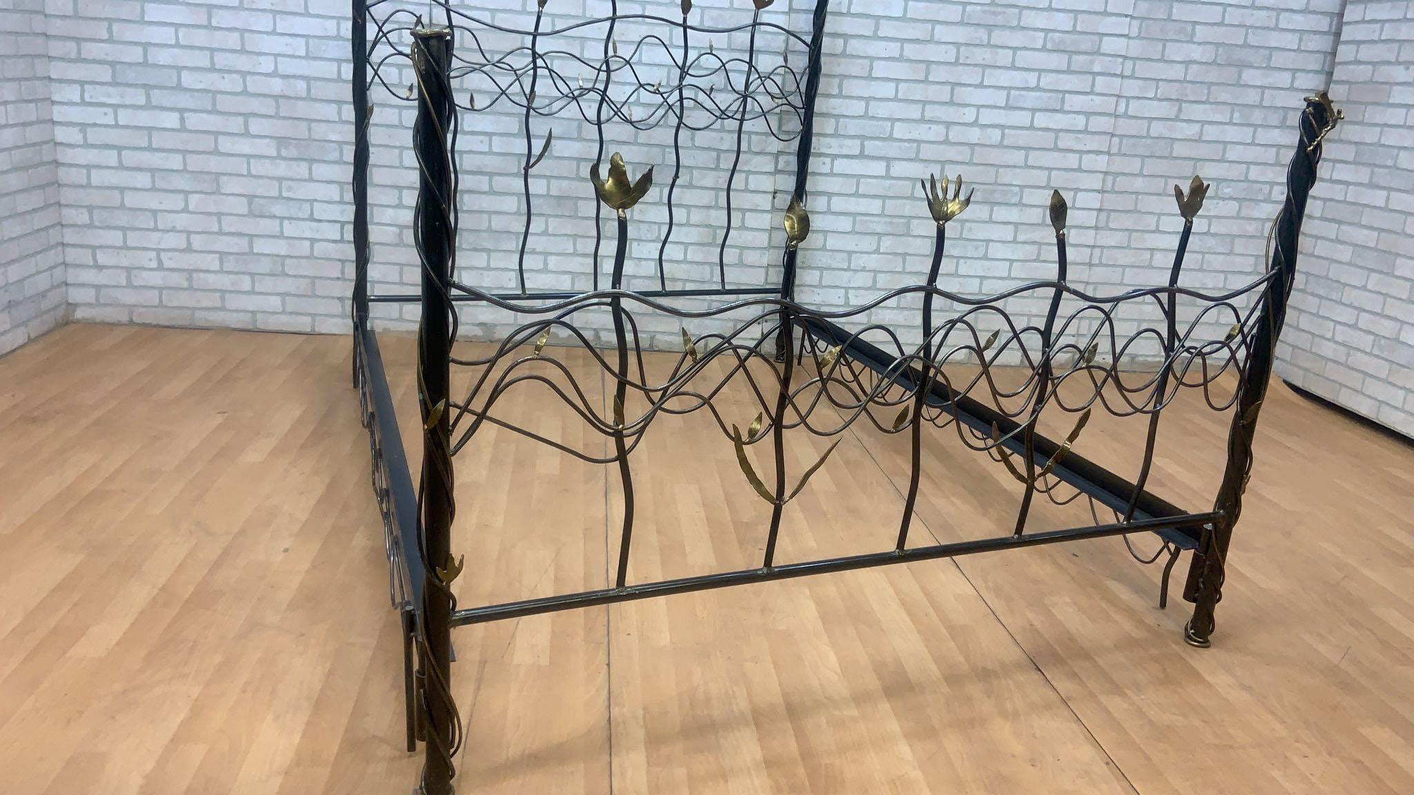Mid-Century Modern Vintage Modern Whimsical Hand Forged Steel & Brass Queen Bed Frame
