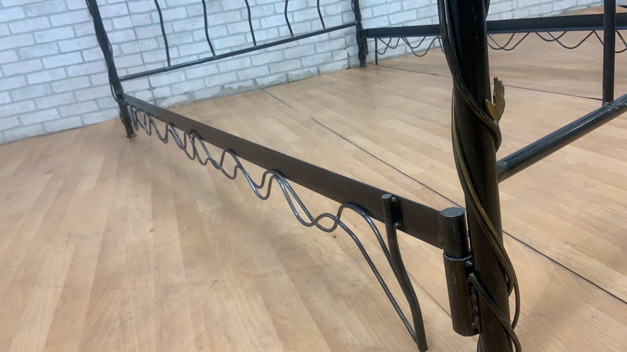Vintage Modern Whimsical Hand Forged Steel & Brass Queen Bed Frame In Good Condition In Chicago, IL