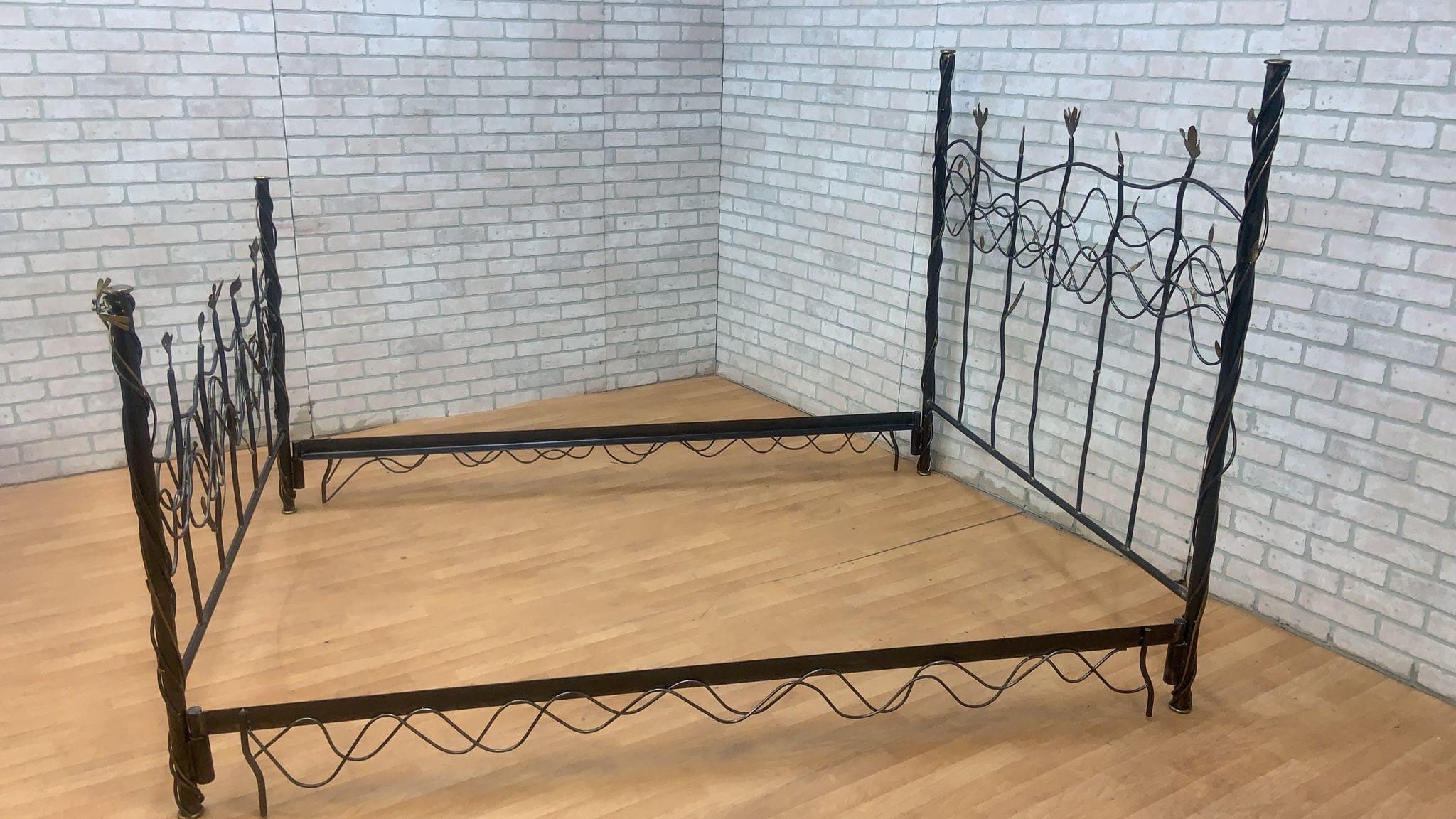 Late 20th Century Vintage Modern Whimsical Hand Forged Steel & Brass Queen Bed Frame