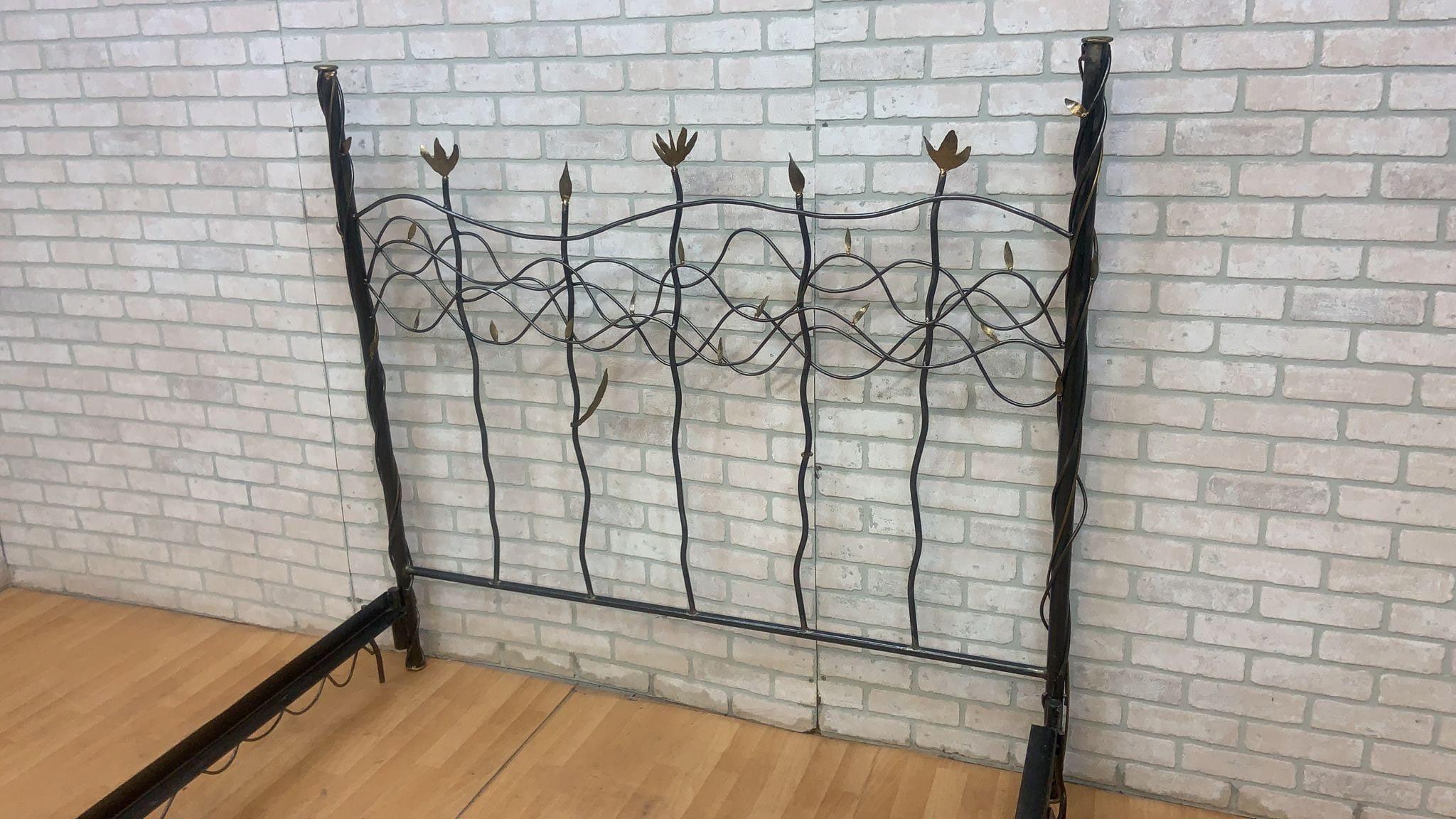 Vintage Modern Whimsical Hand Forged Steel & Brass Queen Bed Frame 1