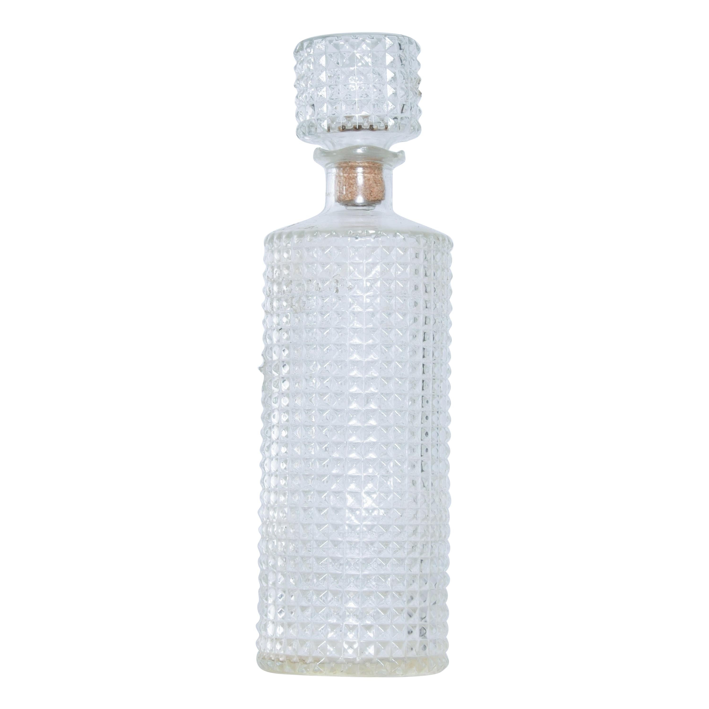 Vintage Modern Whiskey Bottle Decanter Diamond Cut-Glass Cork Stopper, 1970s