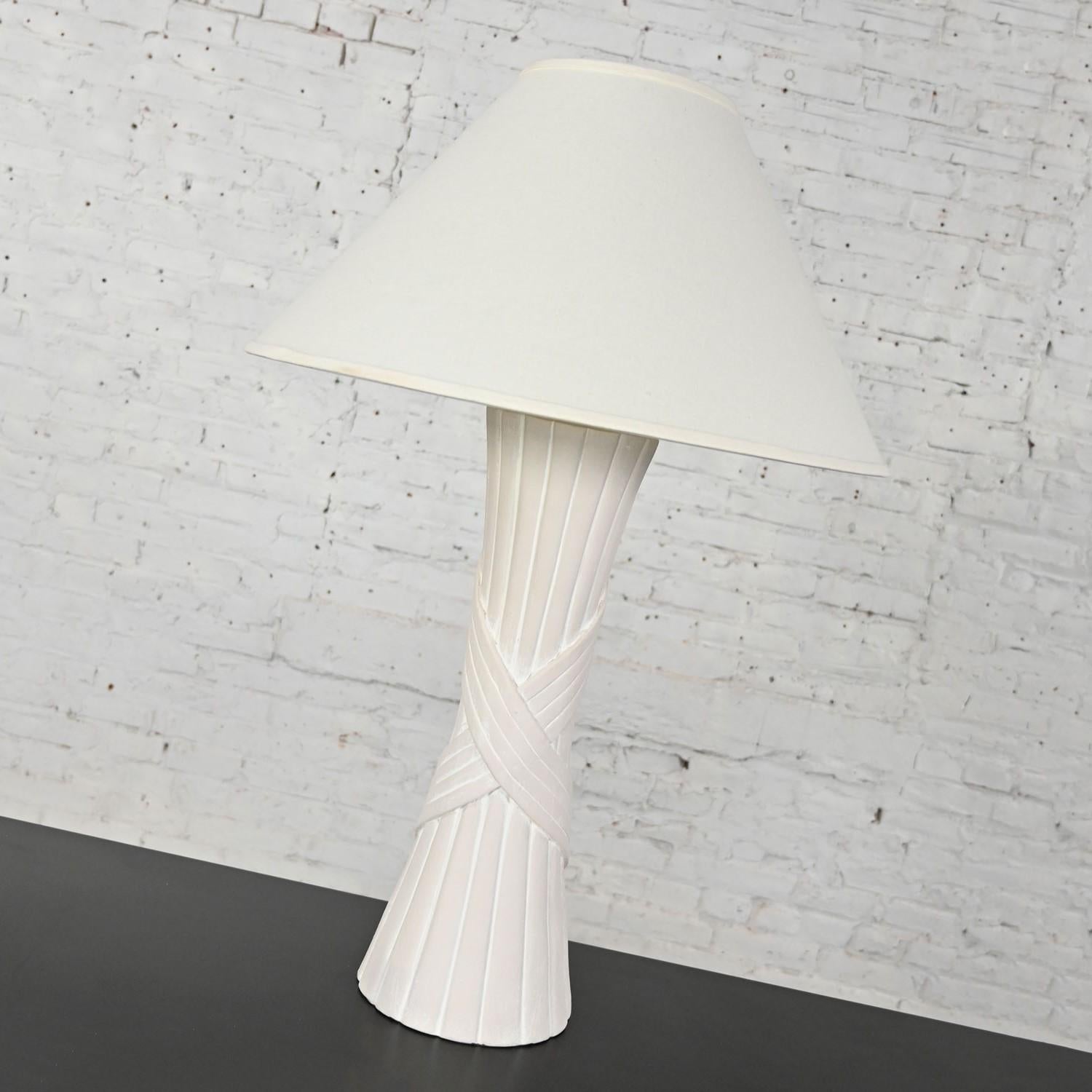 20th Century Vintage Modern White Plaster Faux Rattan Design Table Lamp with Coolie Shade  For Sale