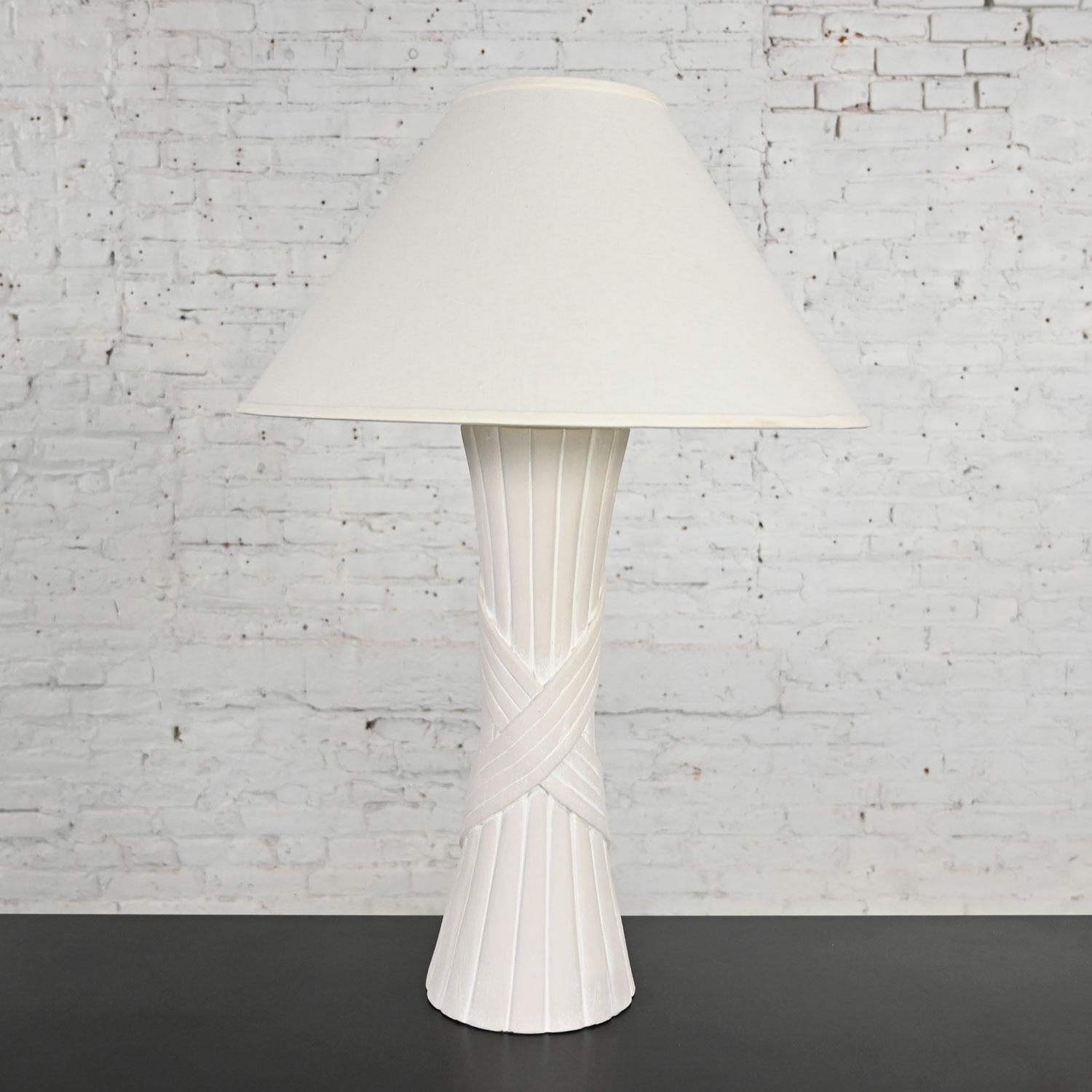 Fabric Vintage Modern White Plaster Faux Rattan Design Table Lamp with Coolie Shade  For Sale