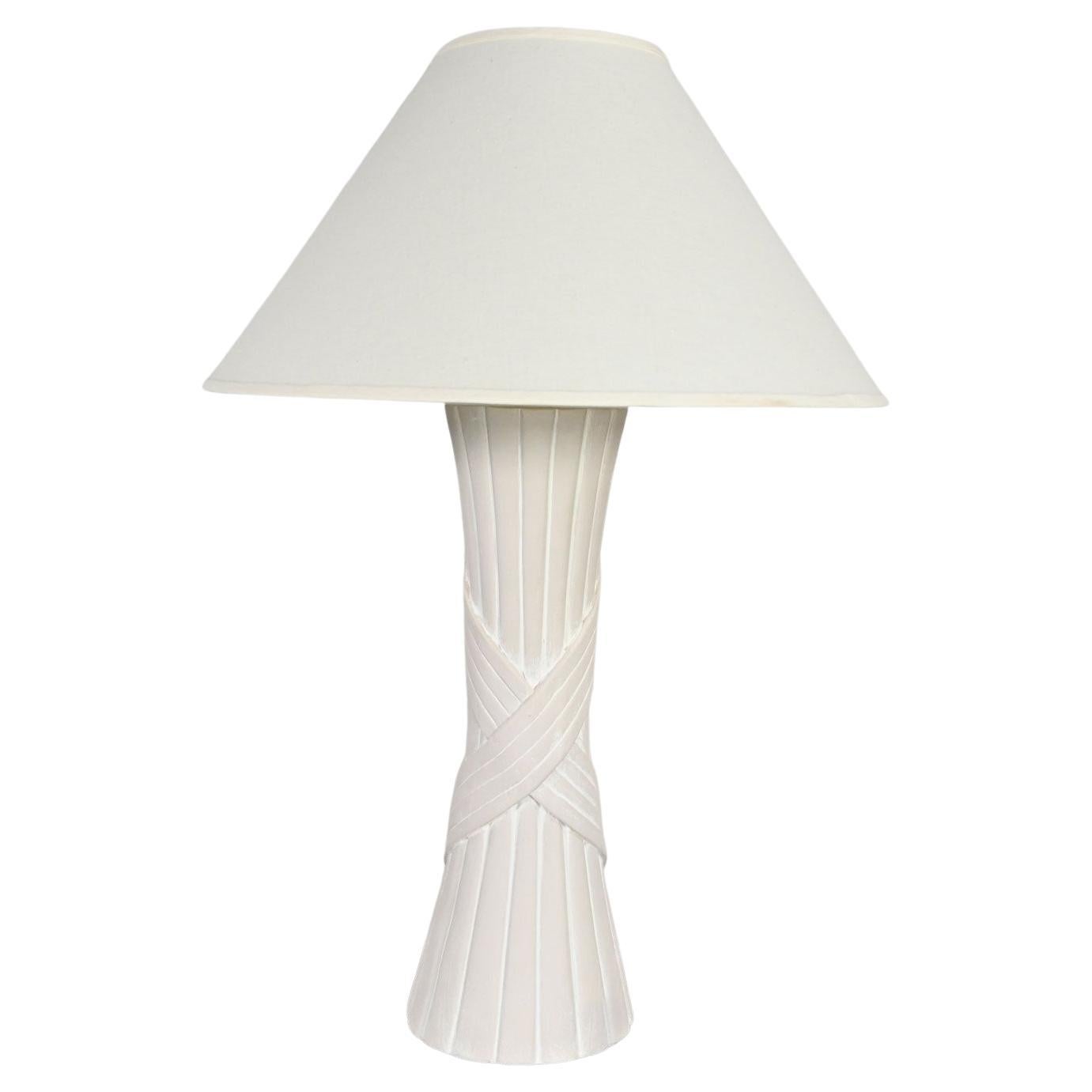 Vintage Modern White Plaster Faux Rattan Design Table Lamp with Coolie Shade  For Sale