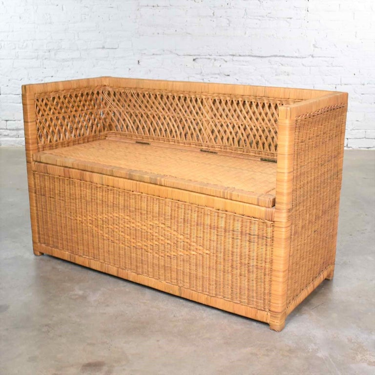 Vintage Modern Wicker Bench Settee With Trunk Style Storage For