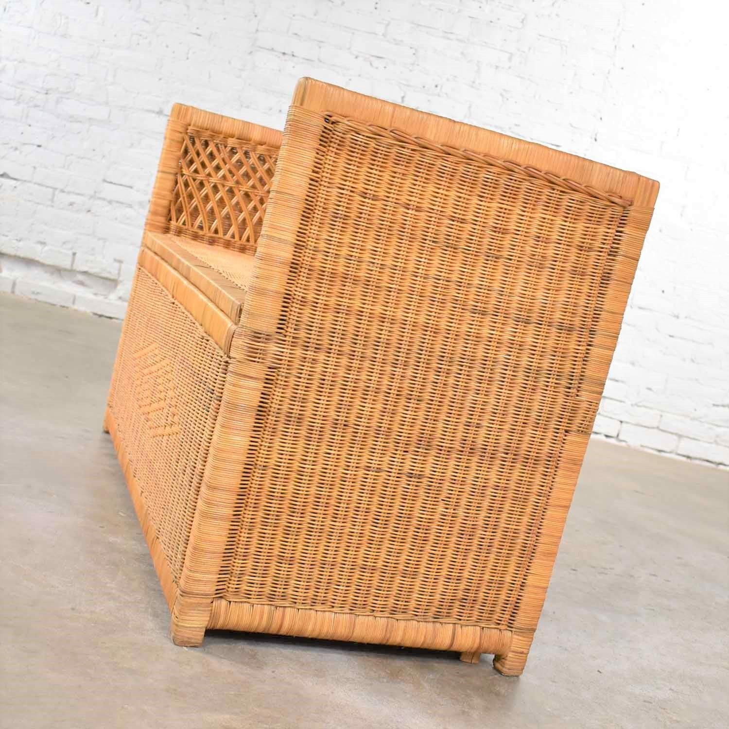 Organic Modern Vintage Modern Wicker Bench Settee with Trunk Style Storage