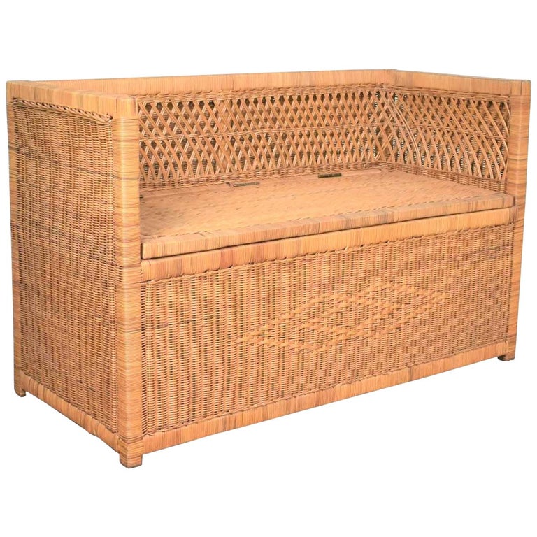 Vintage Modern Wicker Bench Settee with Trunk Style Storage at 1stDibs |  settee with storage, vintage wicker bench, wicker bench with storage