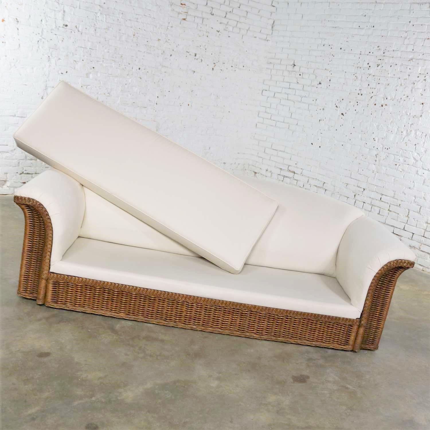 Vintage Modern Wicker Sofa Manner Michael Taylor in New White Canvas 5
