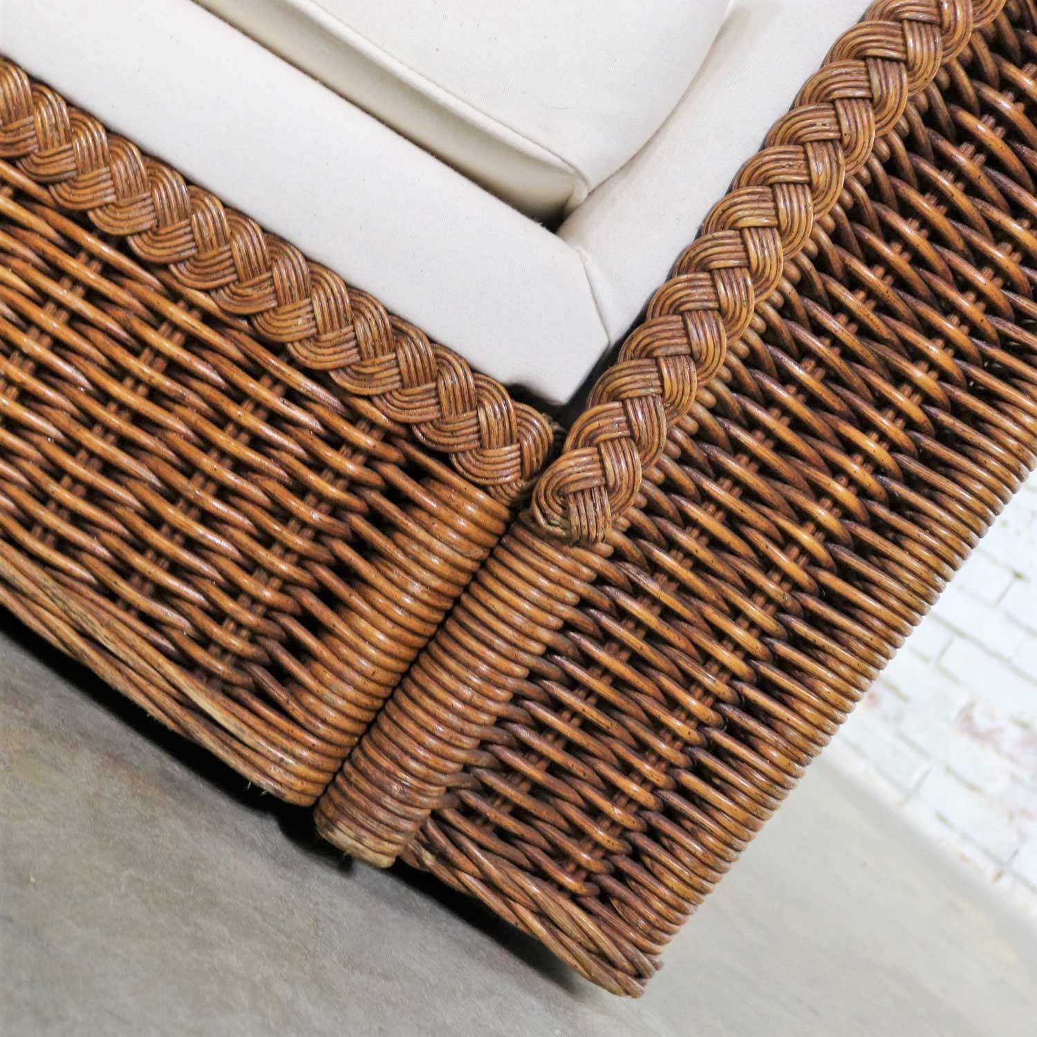 Vintage Modern Wicker Sofa Manner Michael Taylor in New White Canvas 7