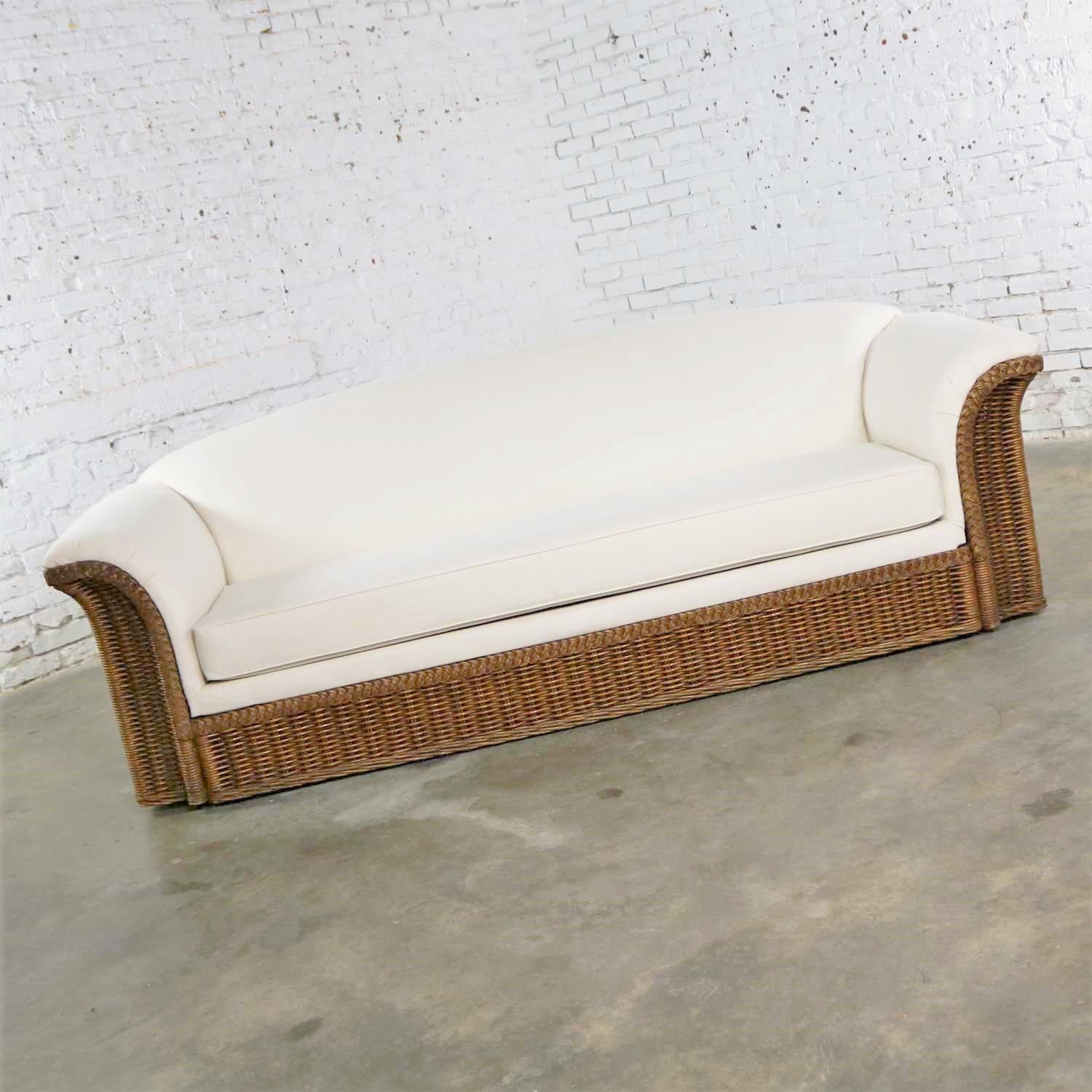 Organic Modern Vintage Modern Wicker Sofa Manner Michael Taylor in New White Canvas