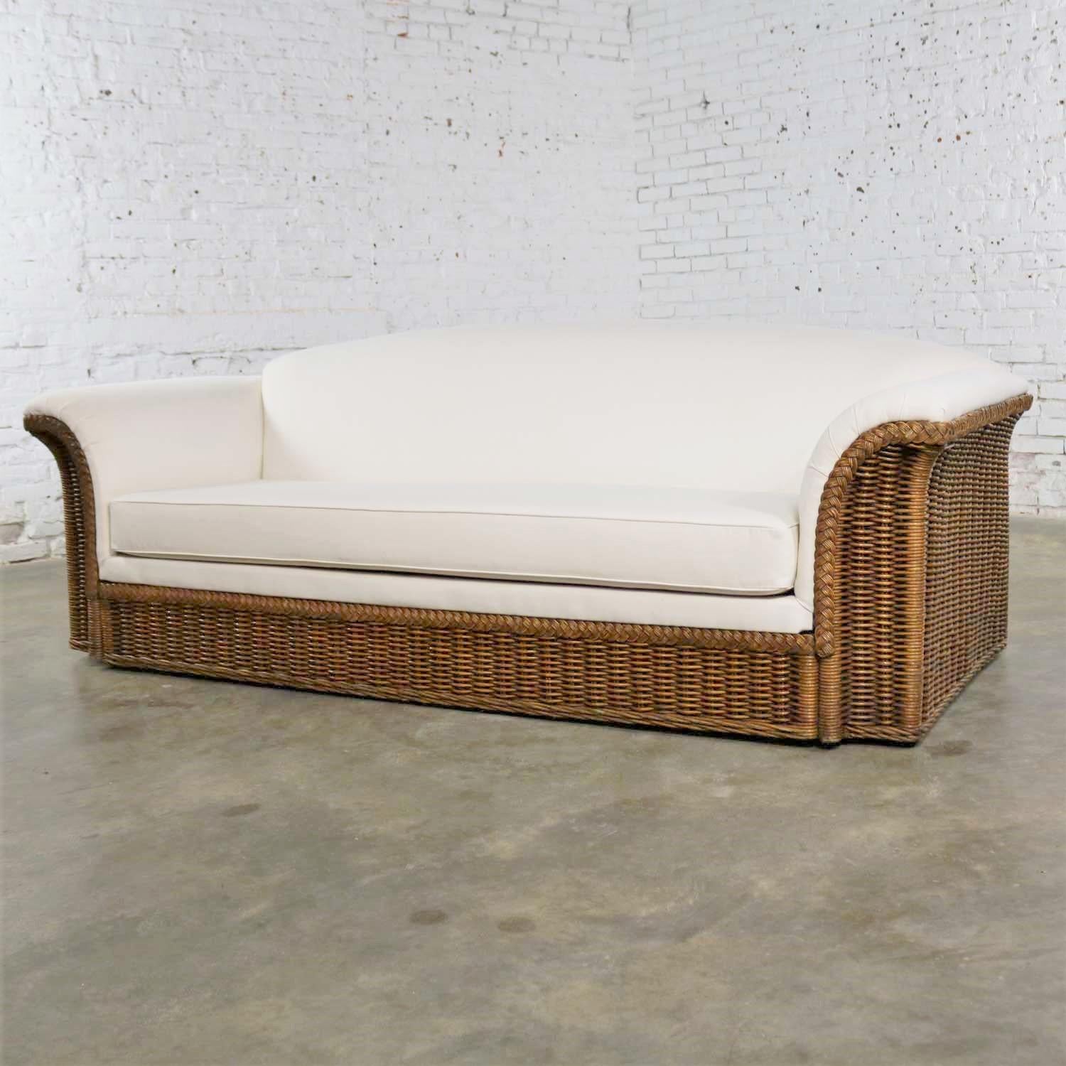 Vintage Modern Wicker Sofa Manner Michael Taylor in New White Canvas In Good Condition In Topeka, KS