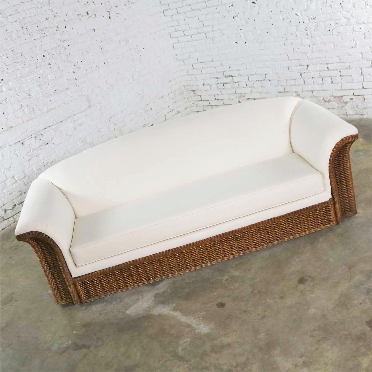 Vintage Modern Wicker Sofa Manner Michael Taylor in New White Canvas 1