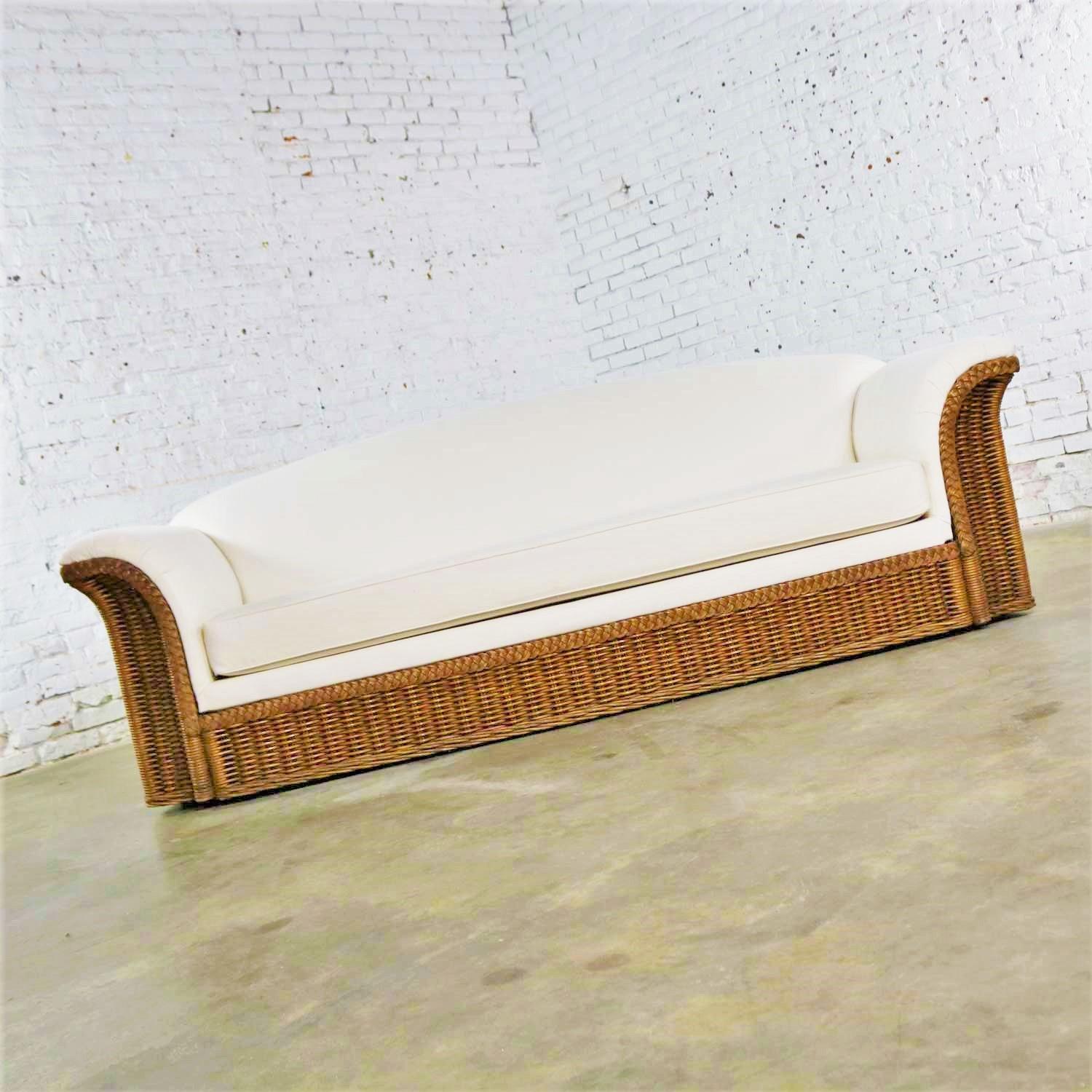 Vintage Modern Wicker Sofa Manner Michael Taylor in New White Canvas 3