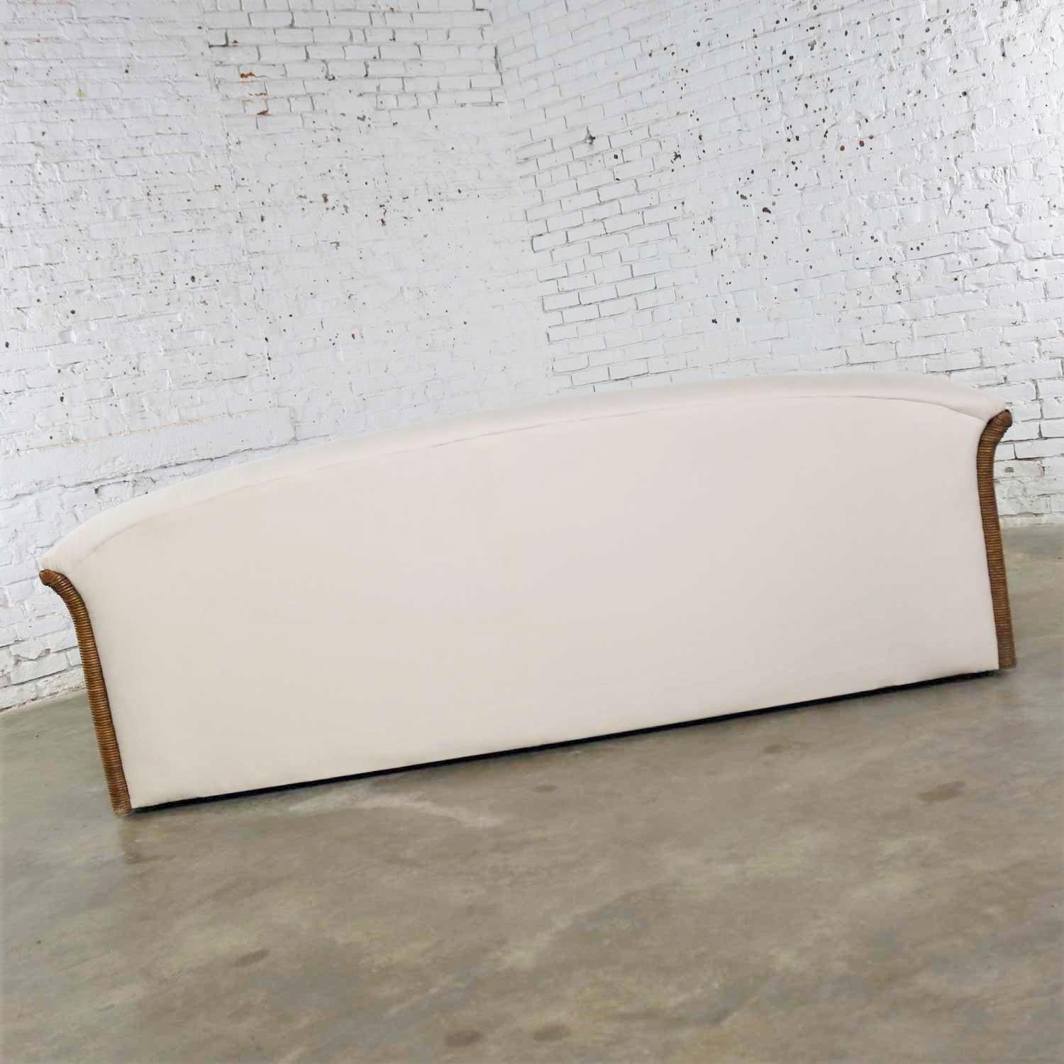 Vintage Modern Wicker Sofa Manner Michael Taylor in New White Canvas 4