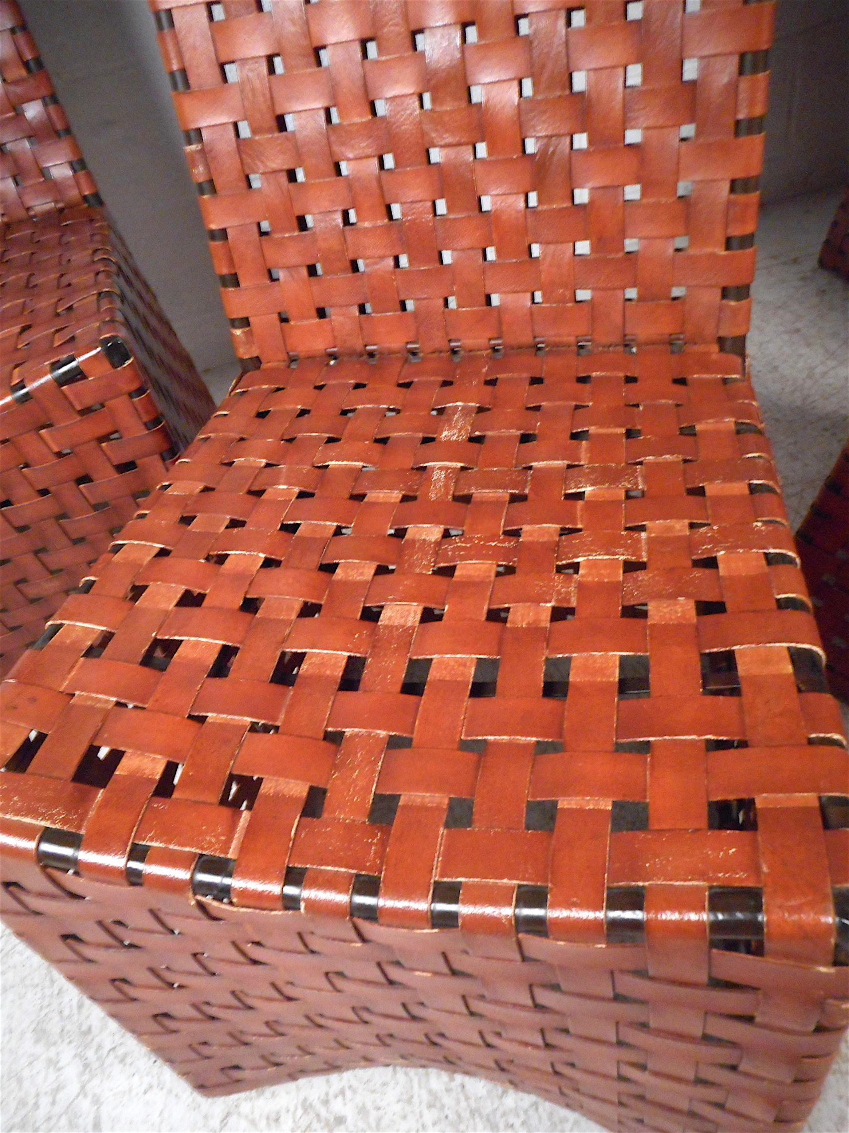 Vintage Modern Woven Leather Chairs, Set of 4 3