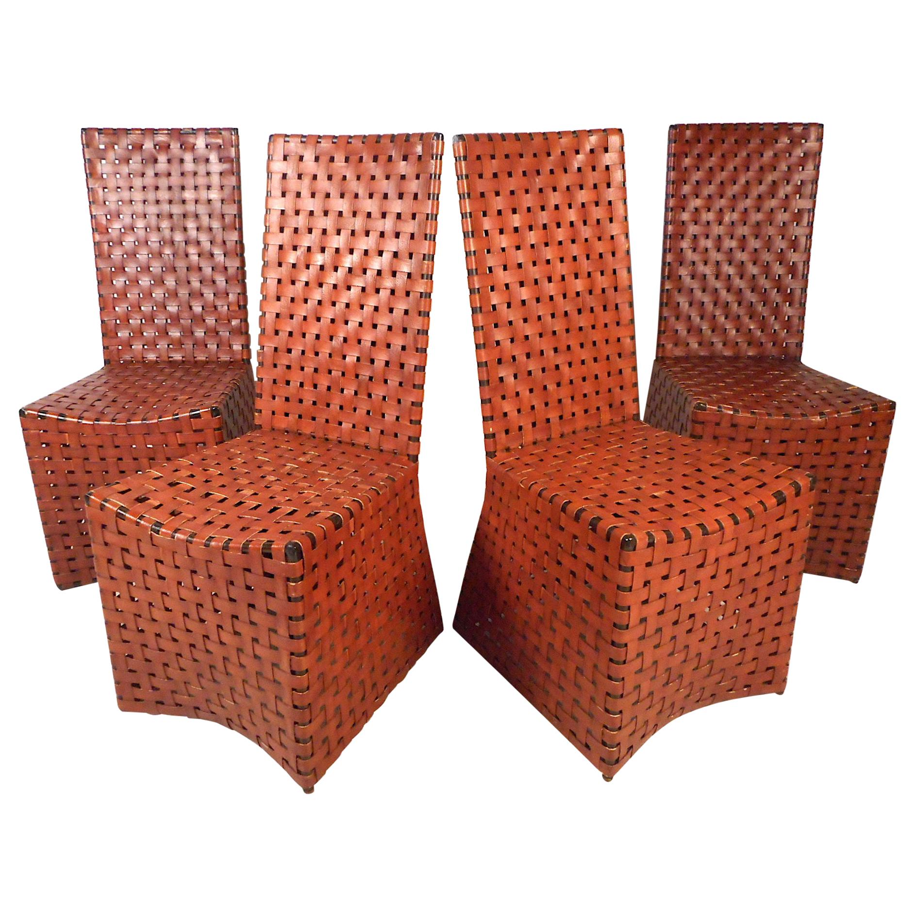 Vintage Modern Woven Leather Chairs, Set of 4