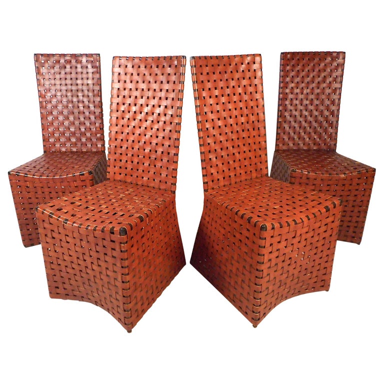 Vintage Modern Woven Leather Chairs Set Of 4 For Sale At 1stdibs