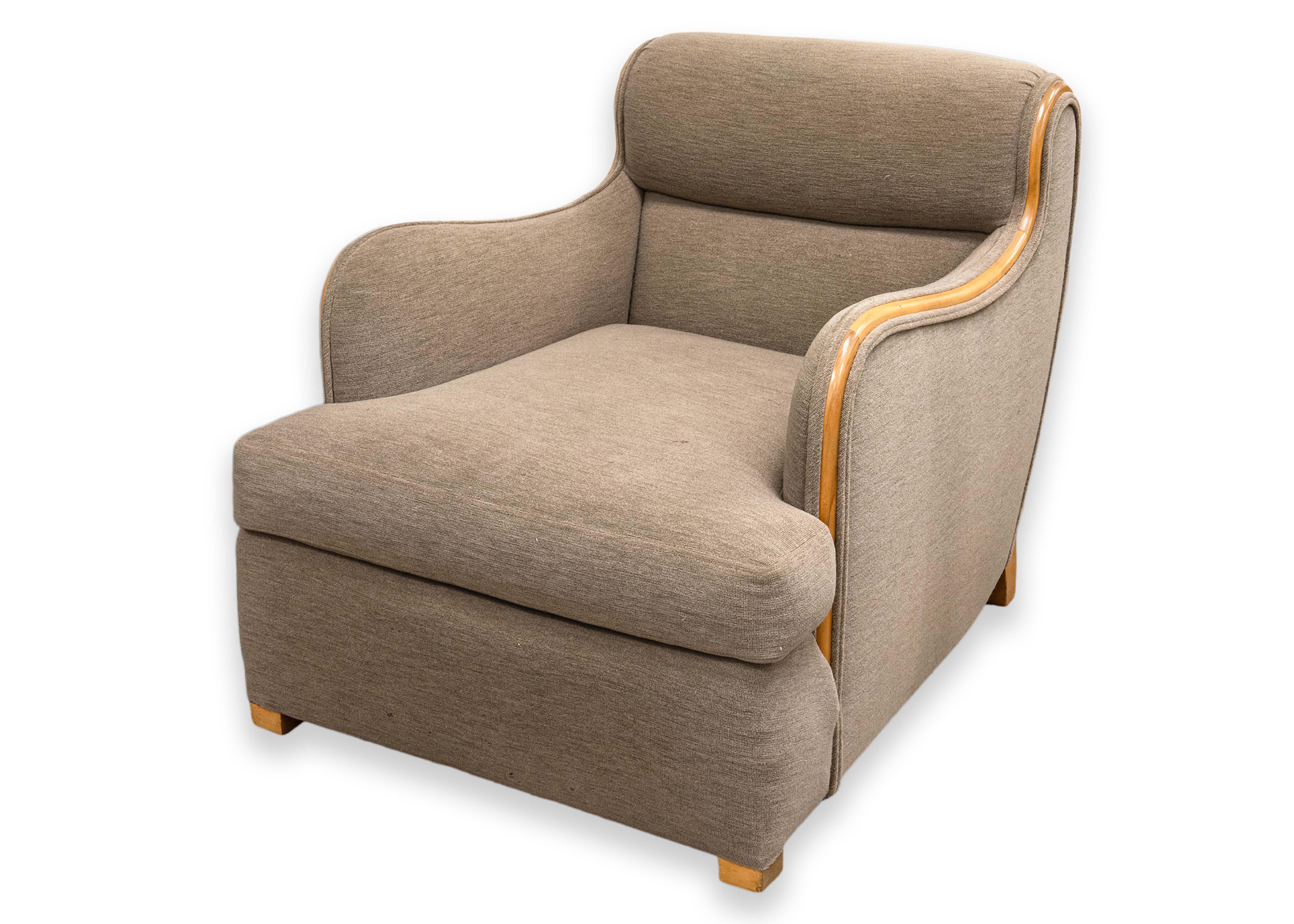 Sedia da salotto vintage Modernica beige in tessuto e legno e ottomana abbinata in vendita 6