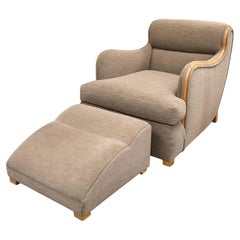 Vintage Modernica Beige Fabric and Wood Lounge Chair and Matching Ottoman